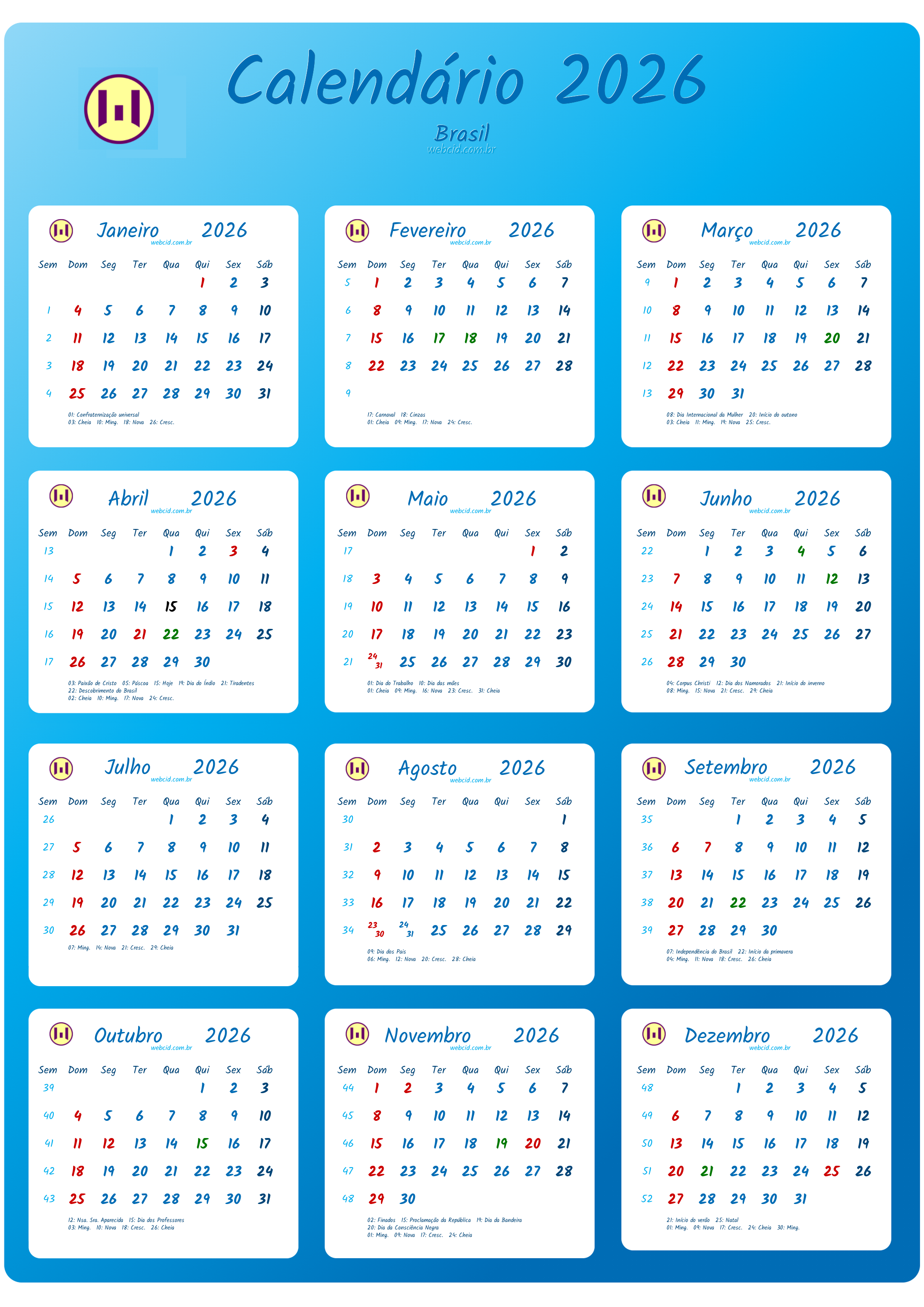 Calendário 2026 - Brasil com feriados e fases da lua