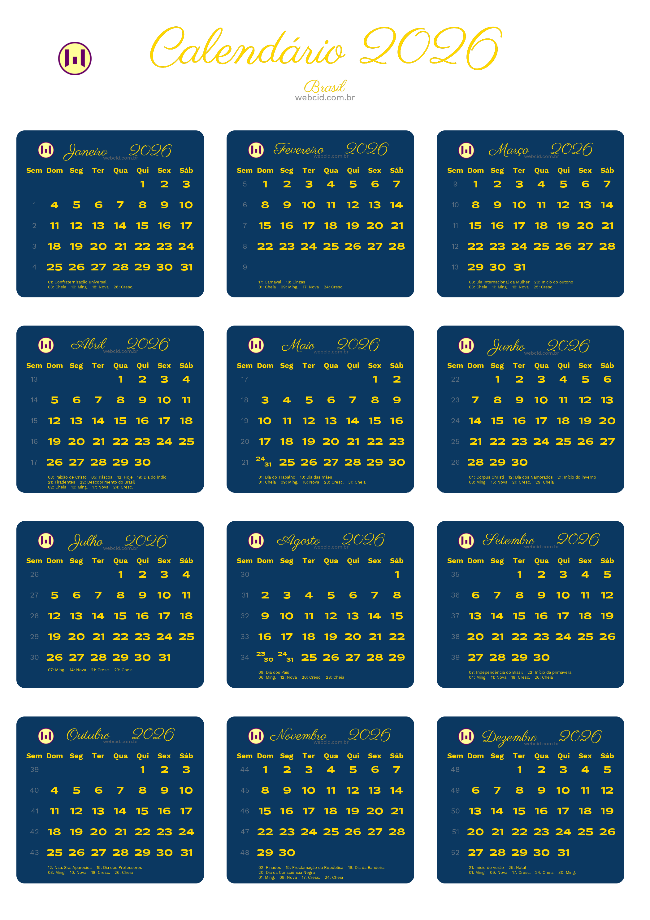 Calendário 2026 - Brasil com feriados e fases da lua