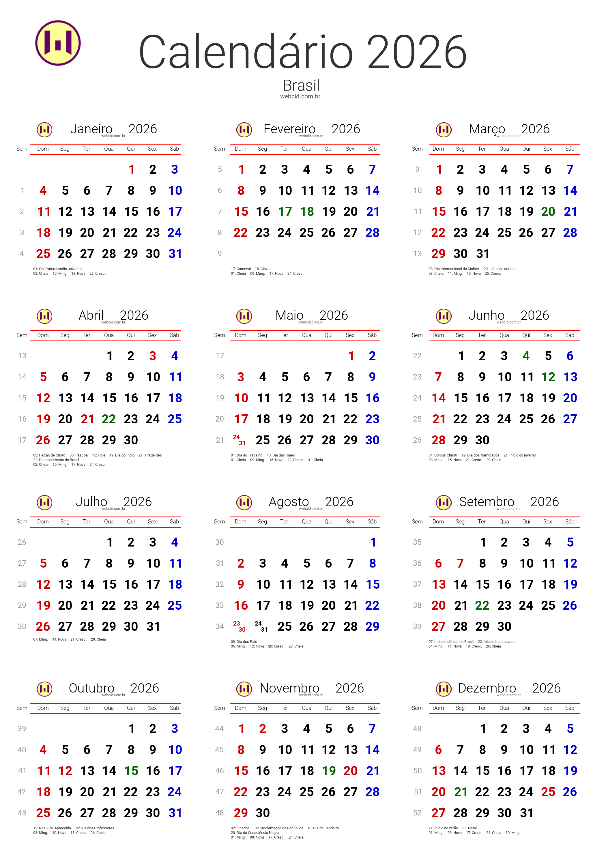 Calendário 2026 - Brasil com feriados e fases da lua