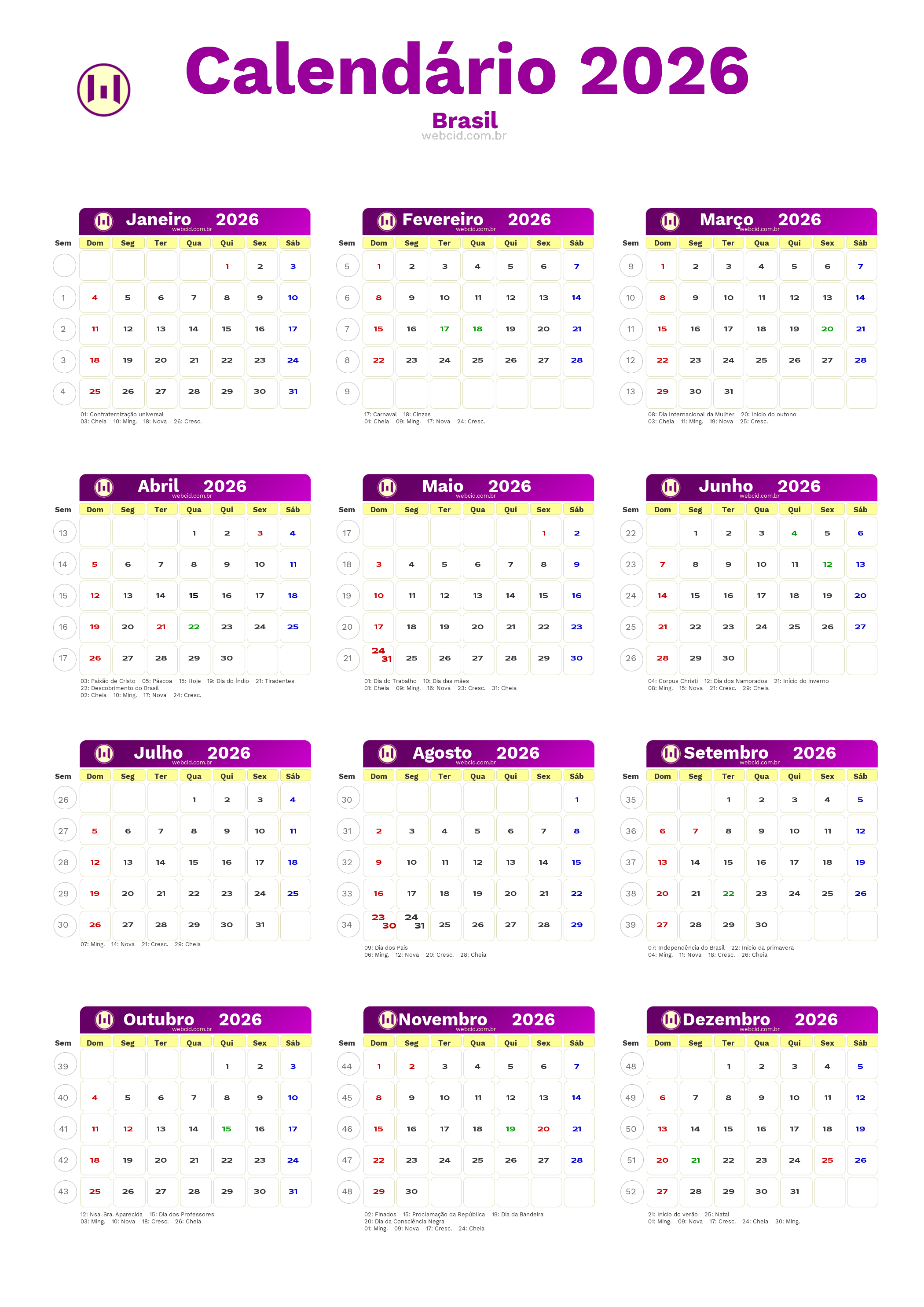 Calendário 2026 - Brasil com feriados e fases da lua