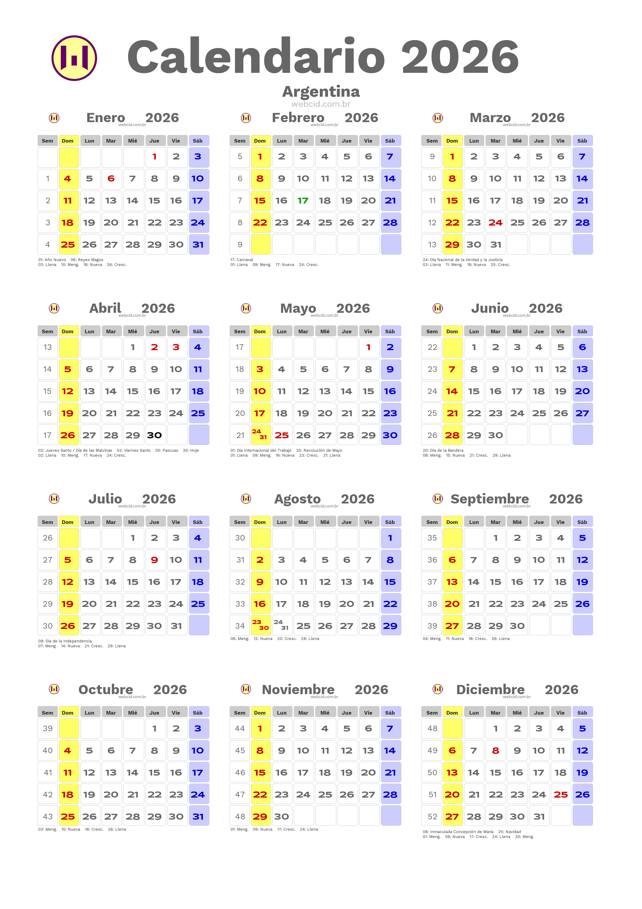 Calendario 2026 - Argentina com feriados e fases da lua