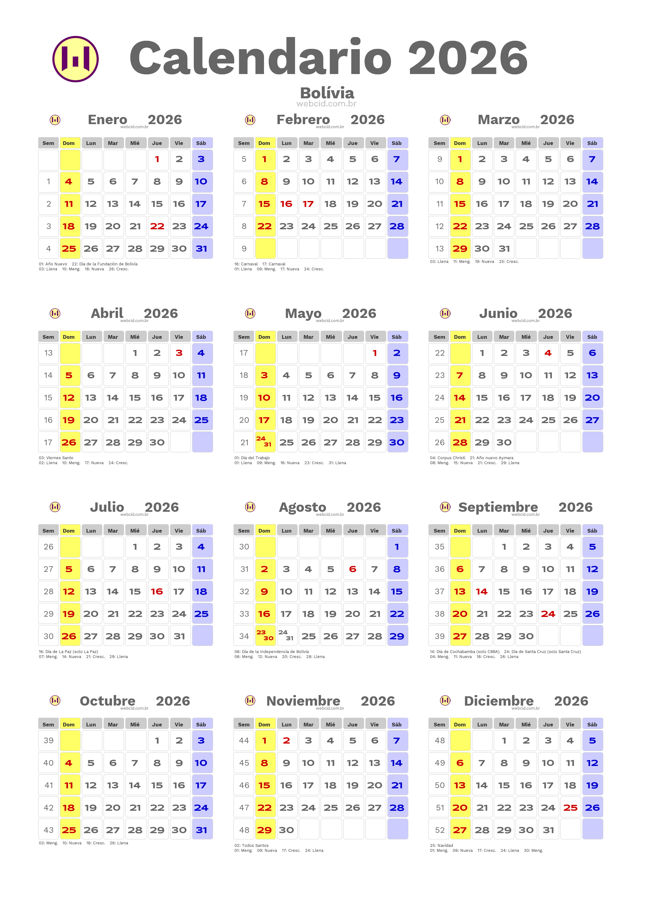 Calendario 2026 - Bolívia com feriados e fases da lua