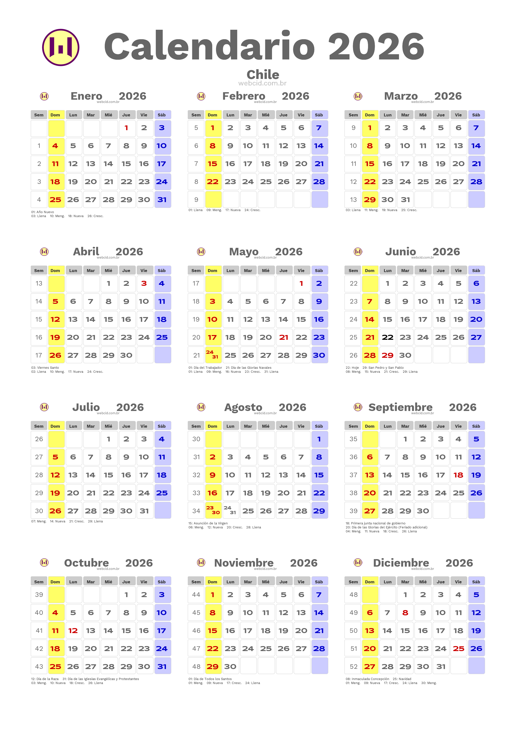 Calendario 2026 - Chile com feriados e fases da lua