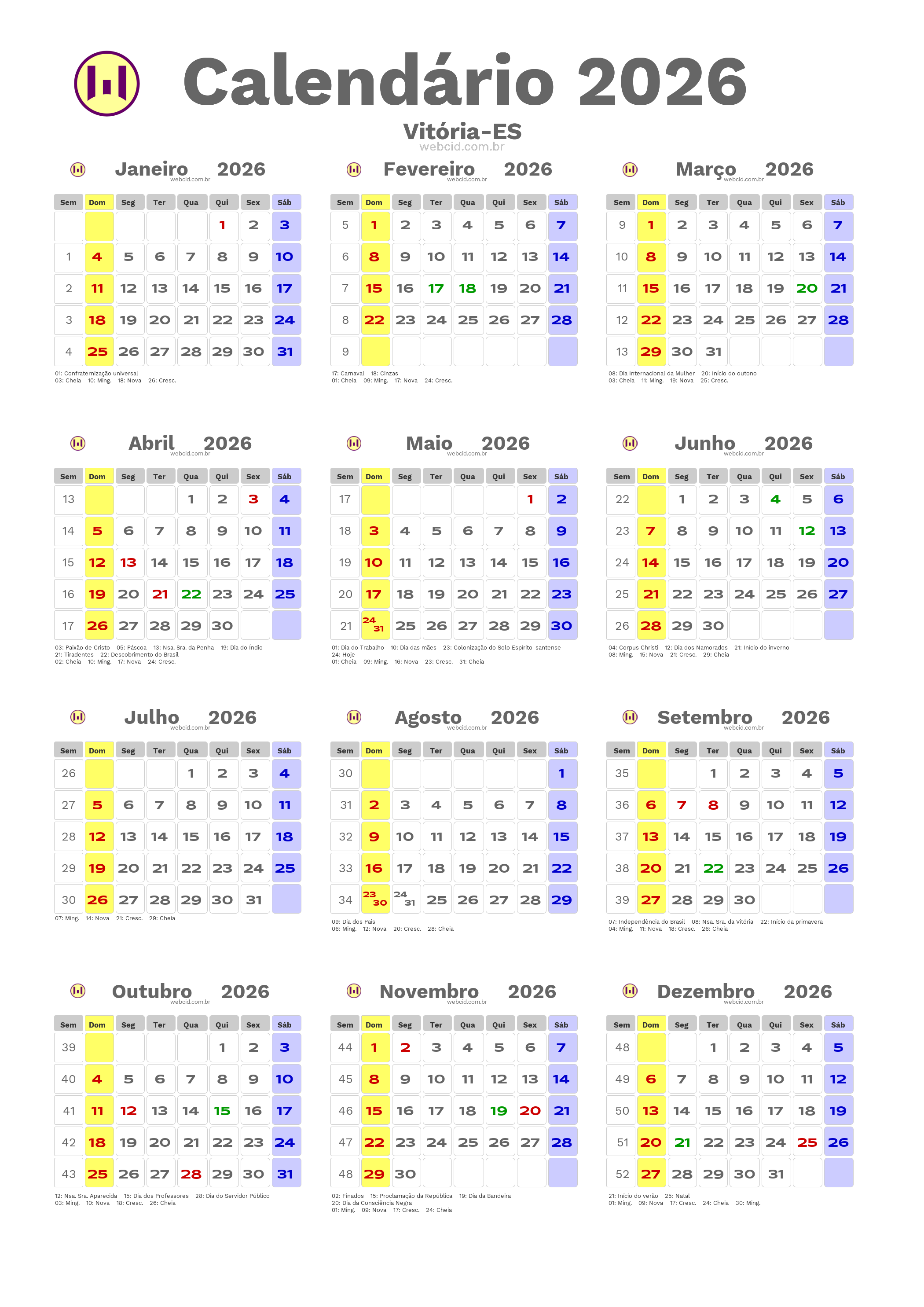 Calendário 2026 - Vitória-ES com feriados e fases da lua
