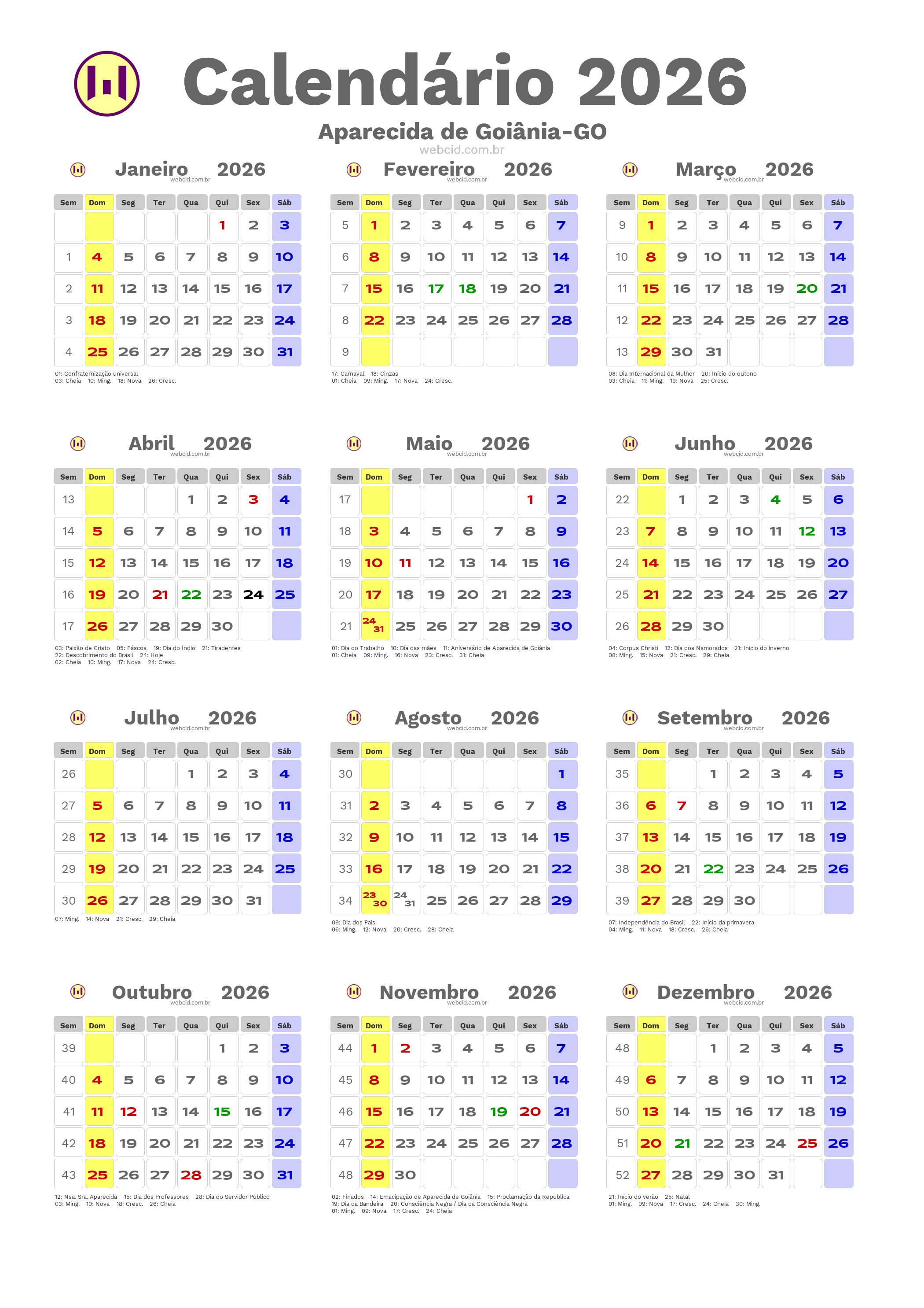 Calendário 2026 - Aparecida de Goiânia-GO com feriados e fases da lua