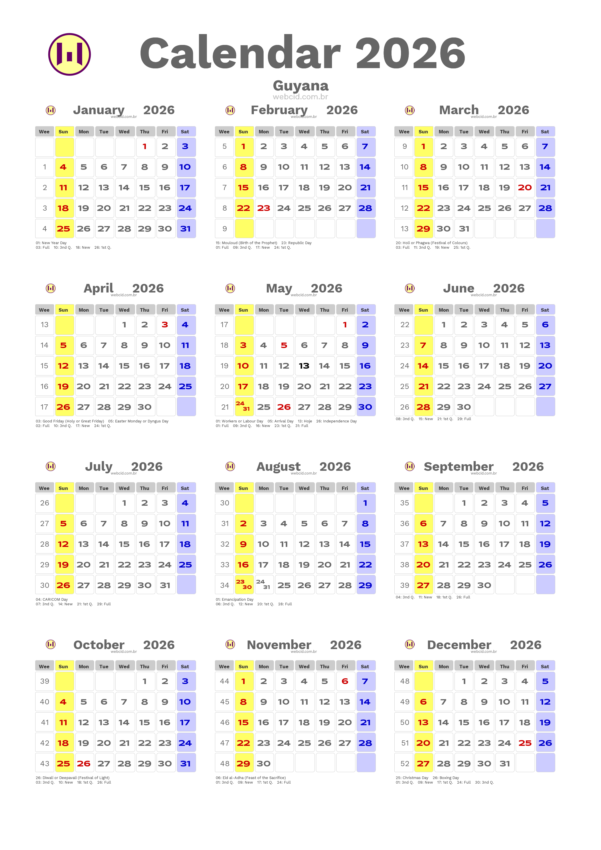 Calendar 2026 - Guyana com feriados e fases da lua