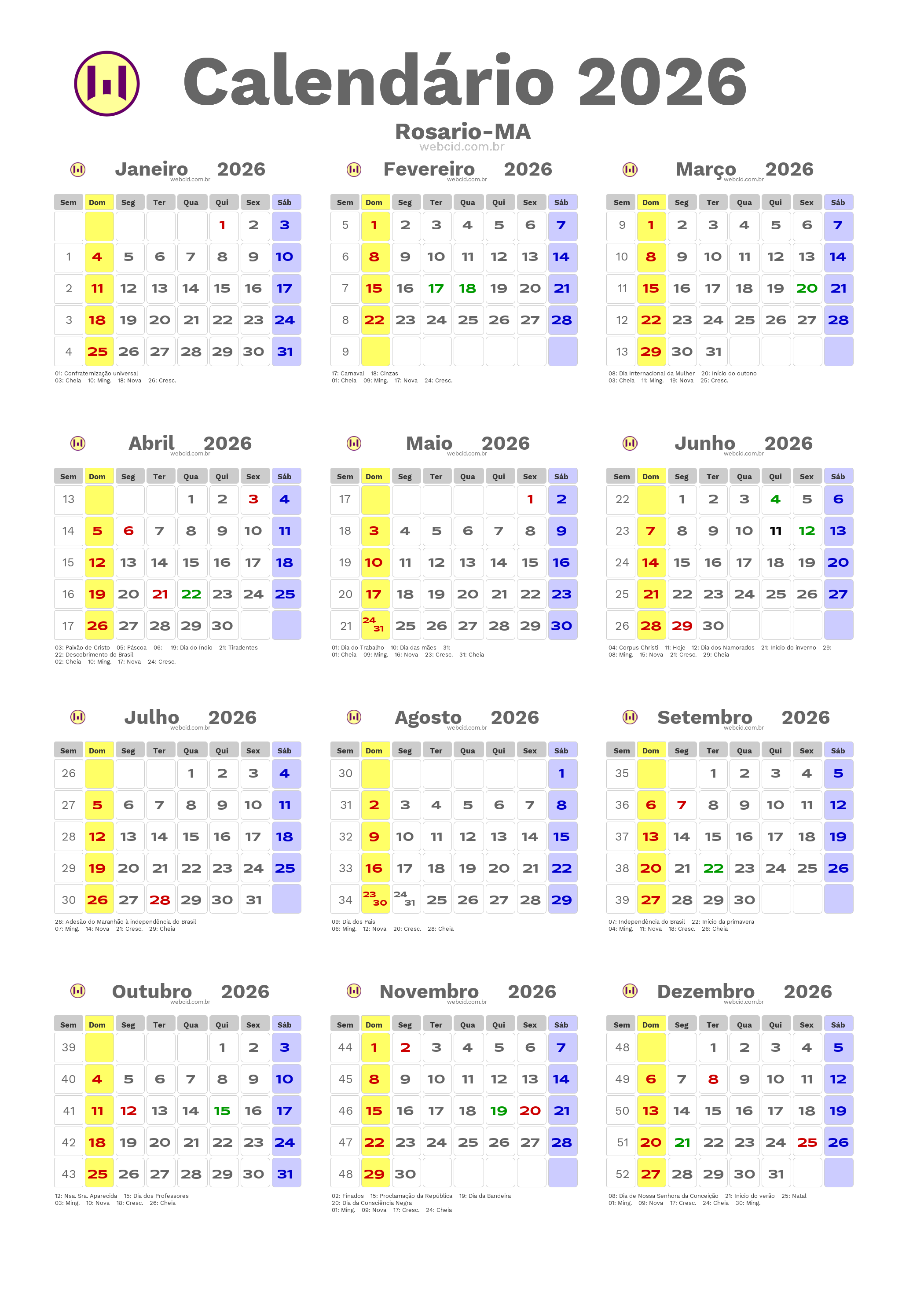 Calendário 2026 - Rosario-MA com feriados e fases da lua