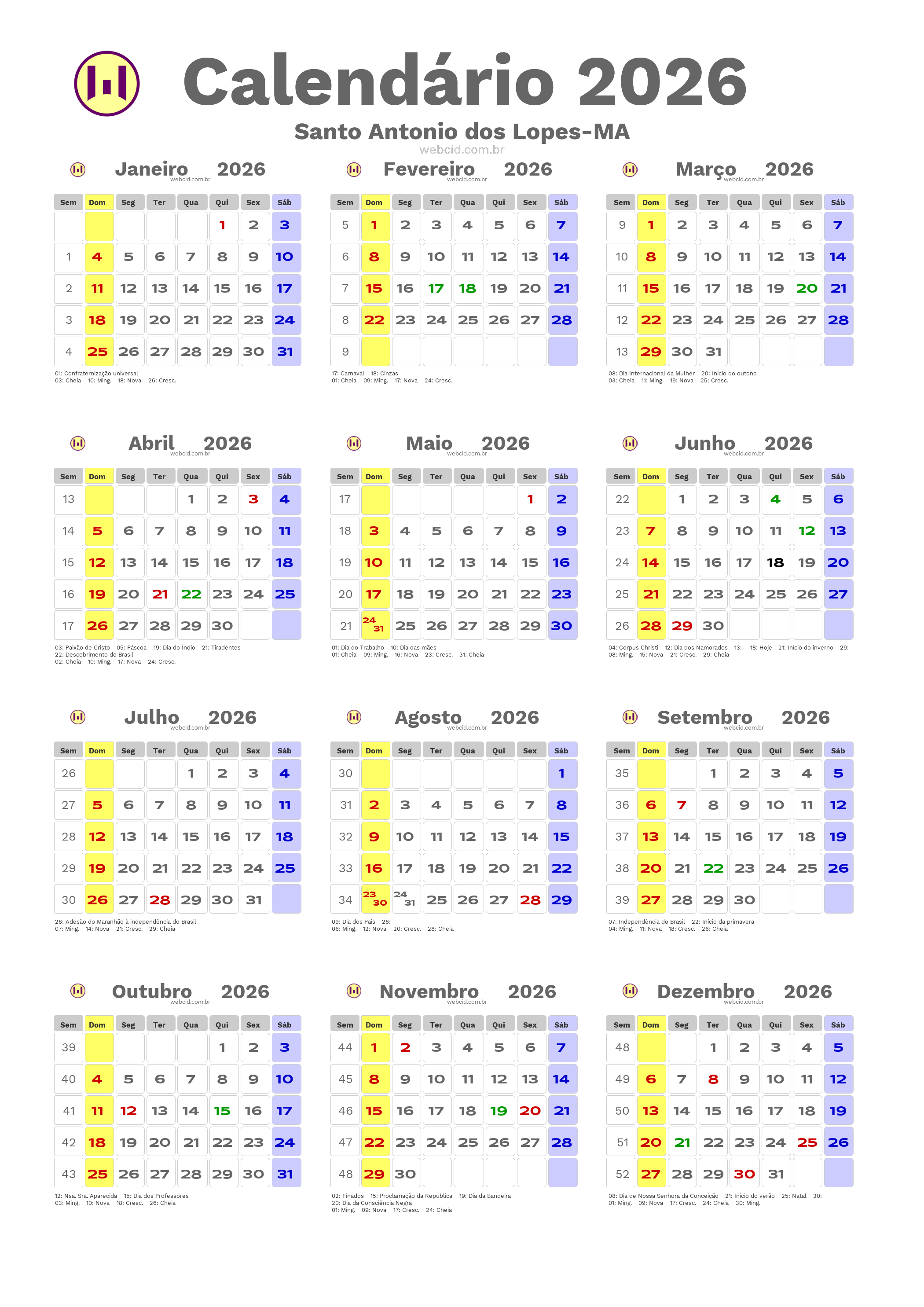 Calendário 2026 - Santo Antonio dos Lopes-MA com feriados e fases da lua