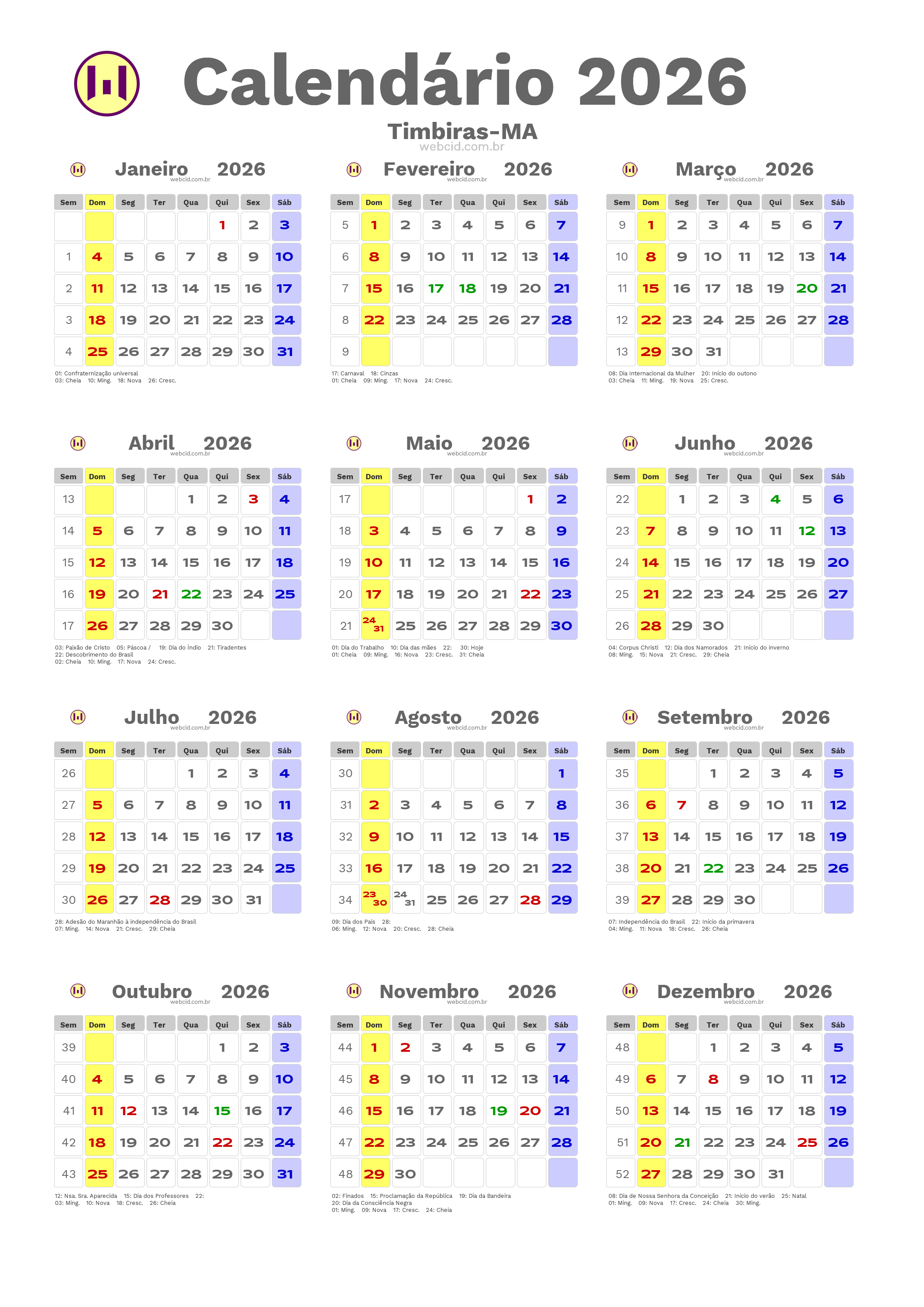 Calendário 2026 - Timbiras-MA com feriados e fases da lua