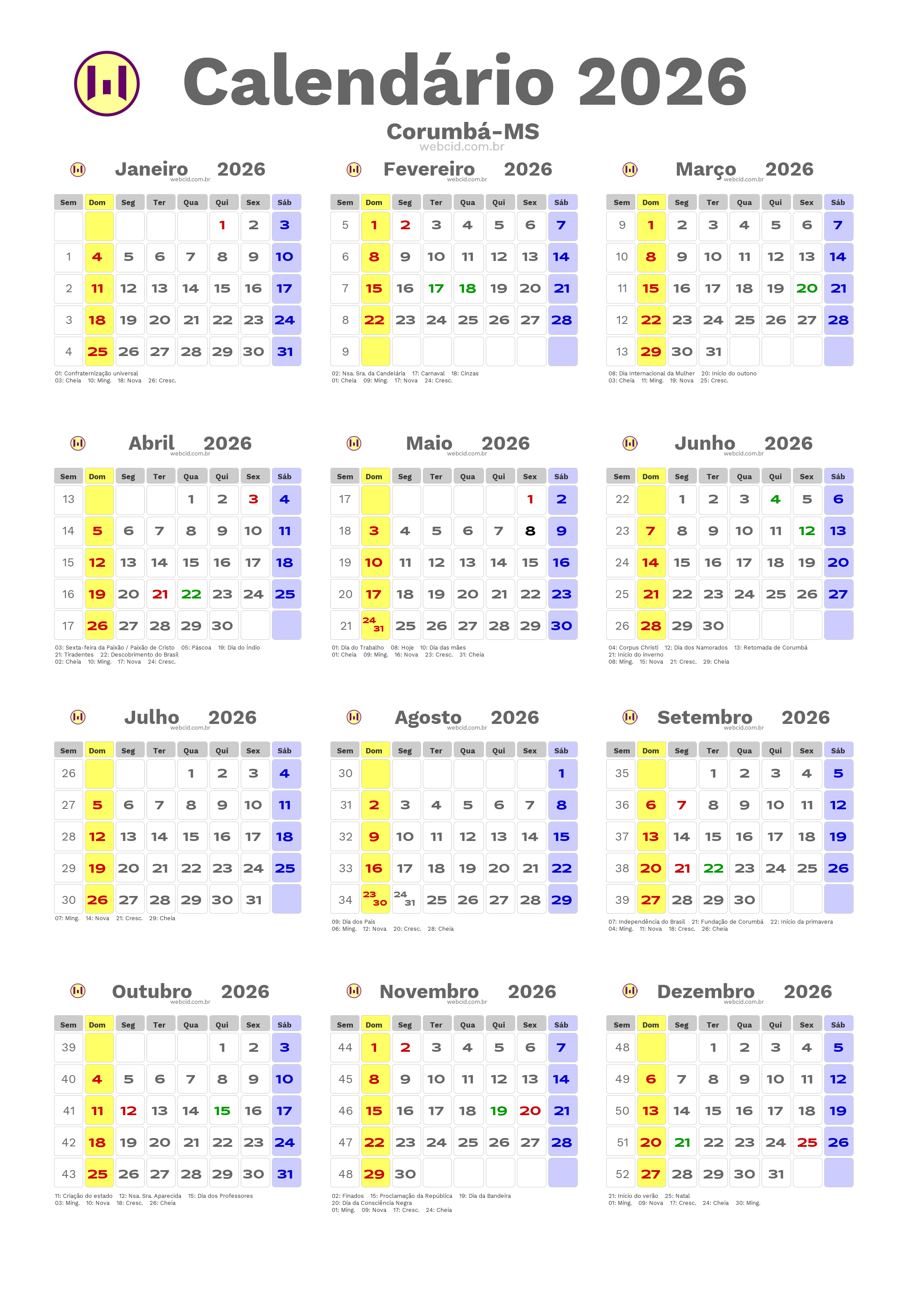 Calendário 2026 - Corumbá-MS com feriados e fases da lua