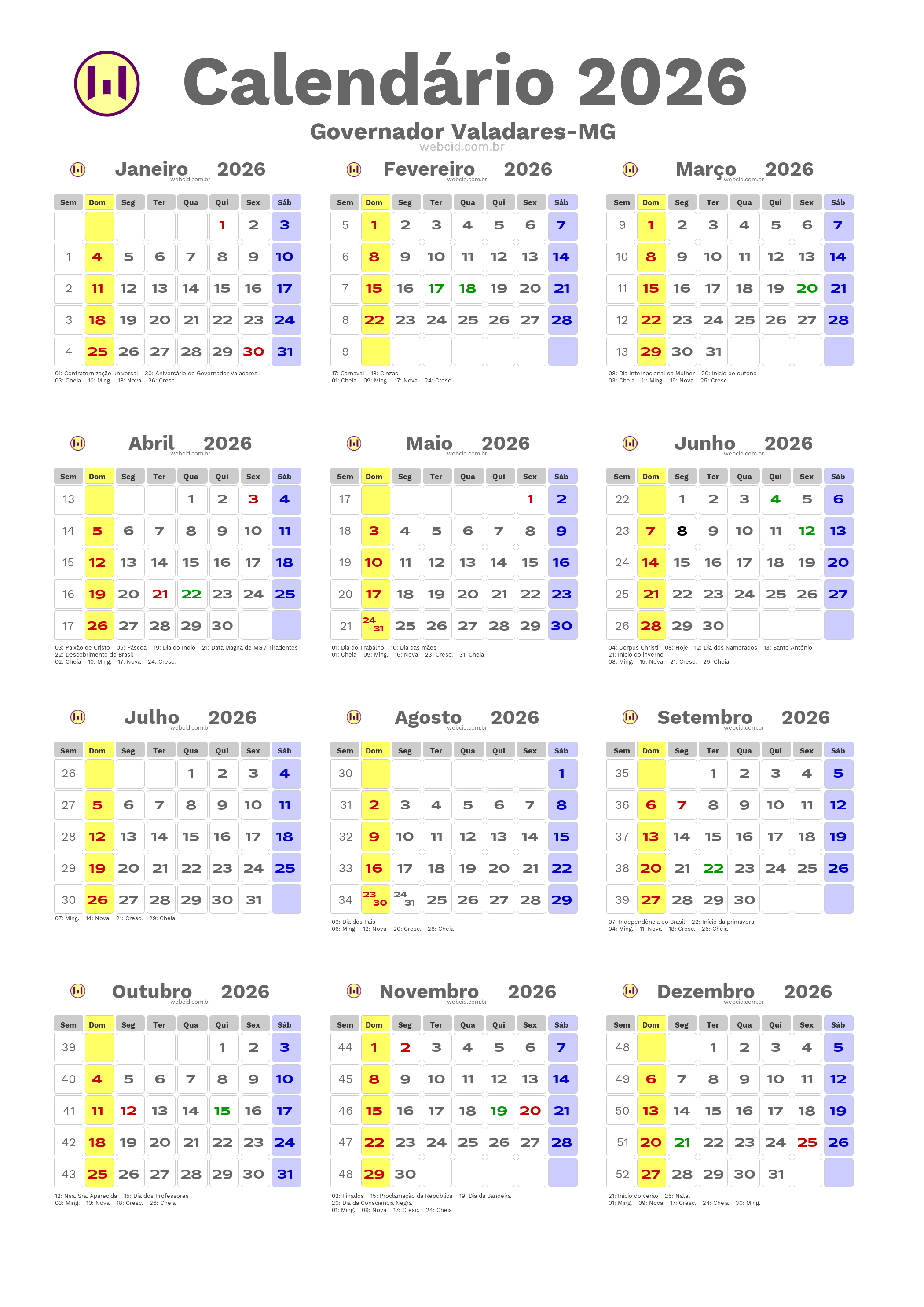 Calendário 2026 - Governador Valadares-MG com feriados e fases da lua