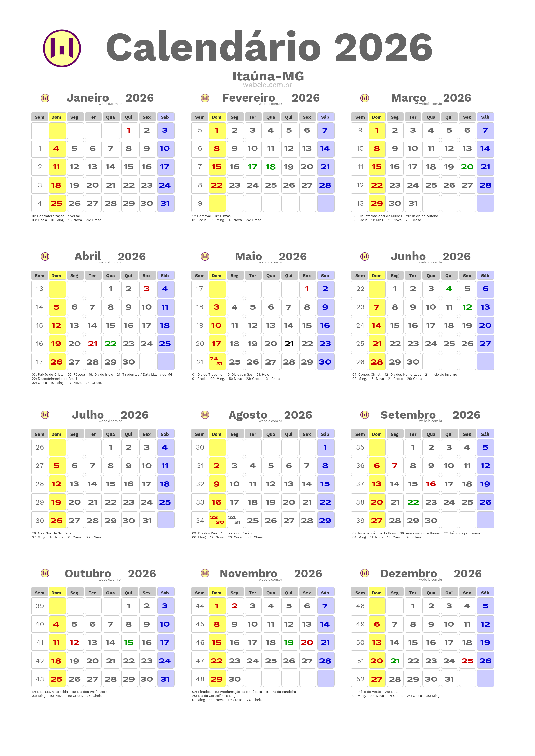 Calendário 2026 - Itaúna-MG com feriados e fases da lua