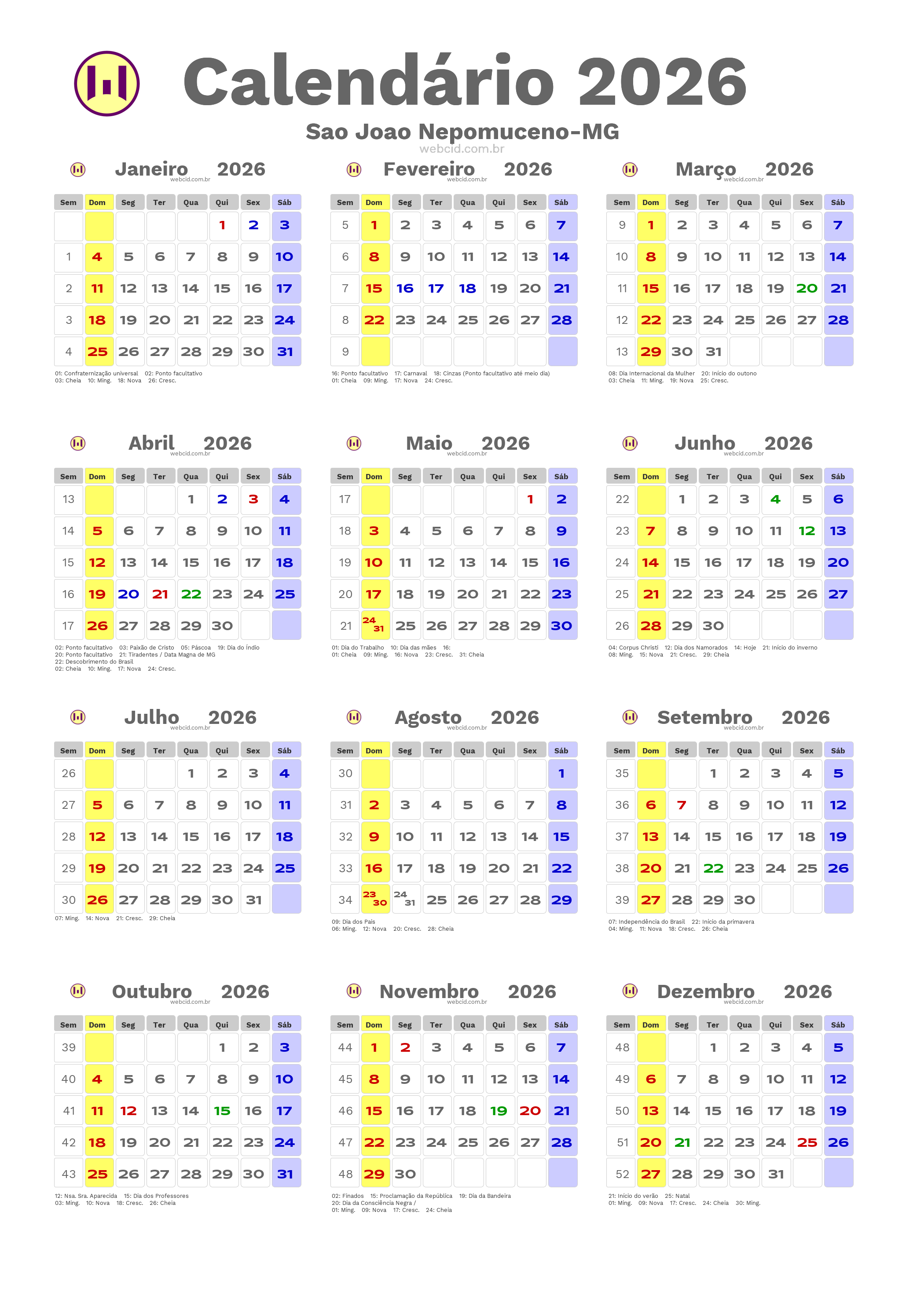 Calendário 2026 - Sao Joao Nepomuceno-MG com feriados e fases da lua