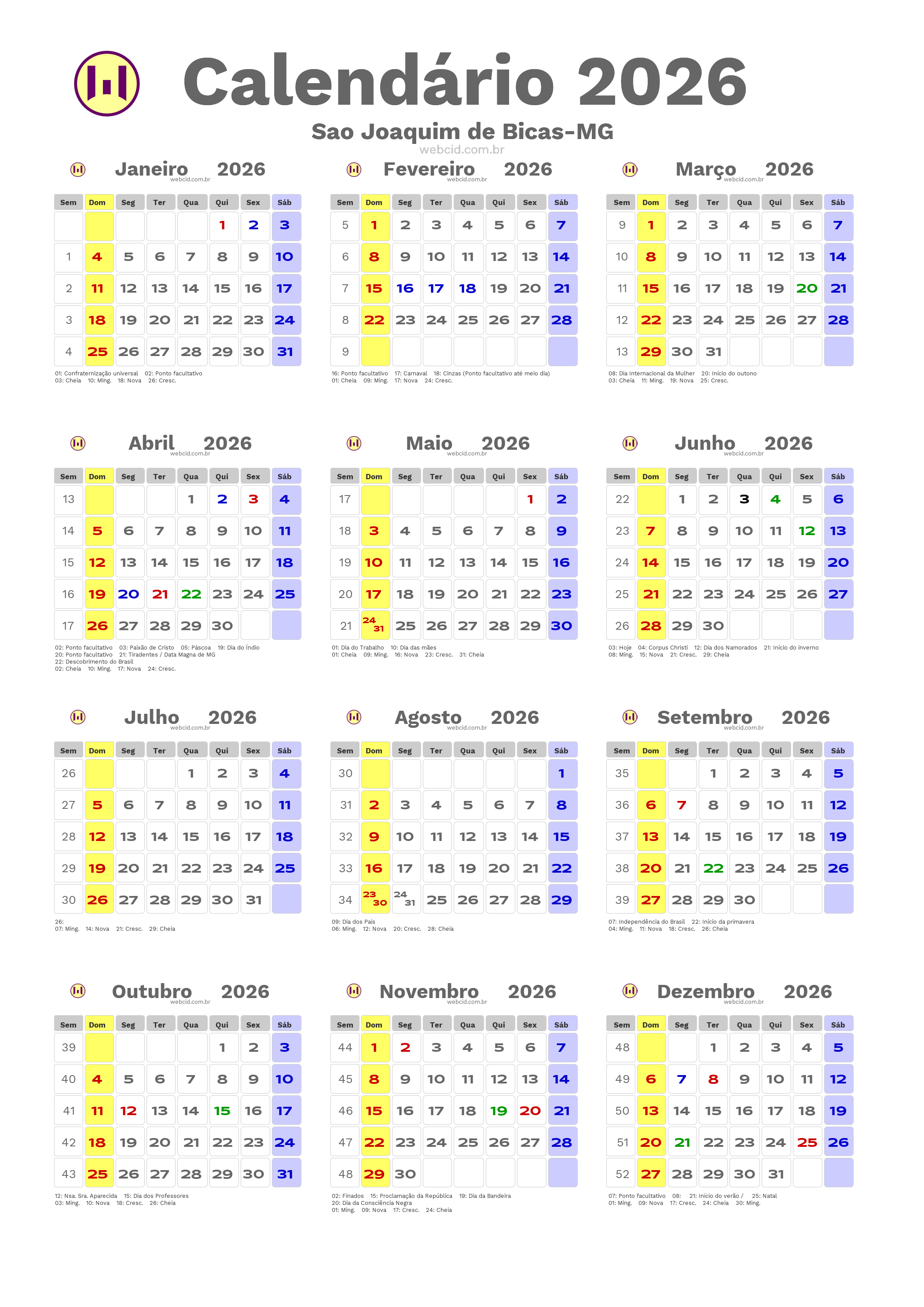Calendário 2026 - Sao Joaquim de Bicas-MG com feriados e fases da lua