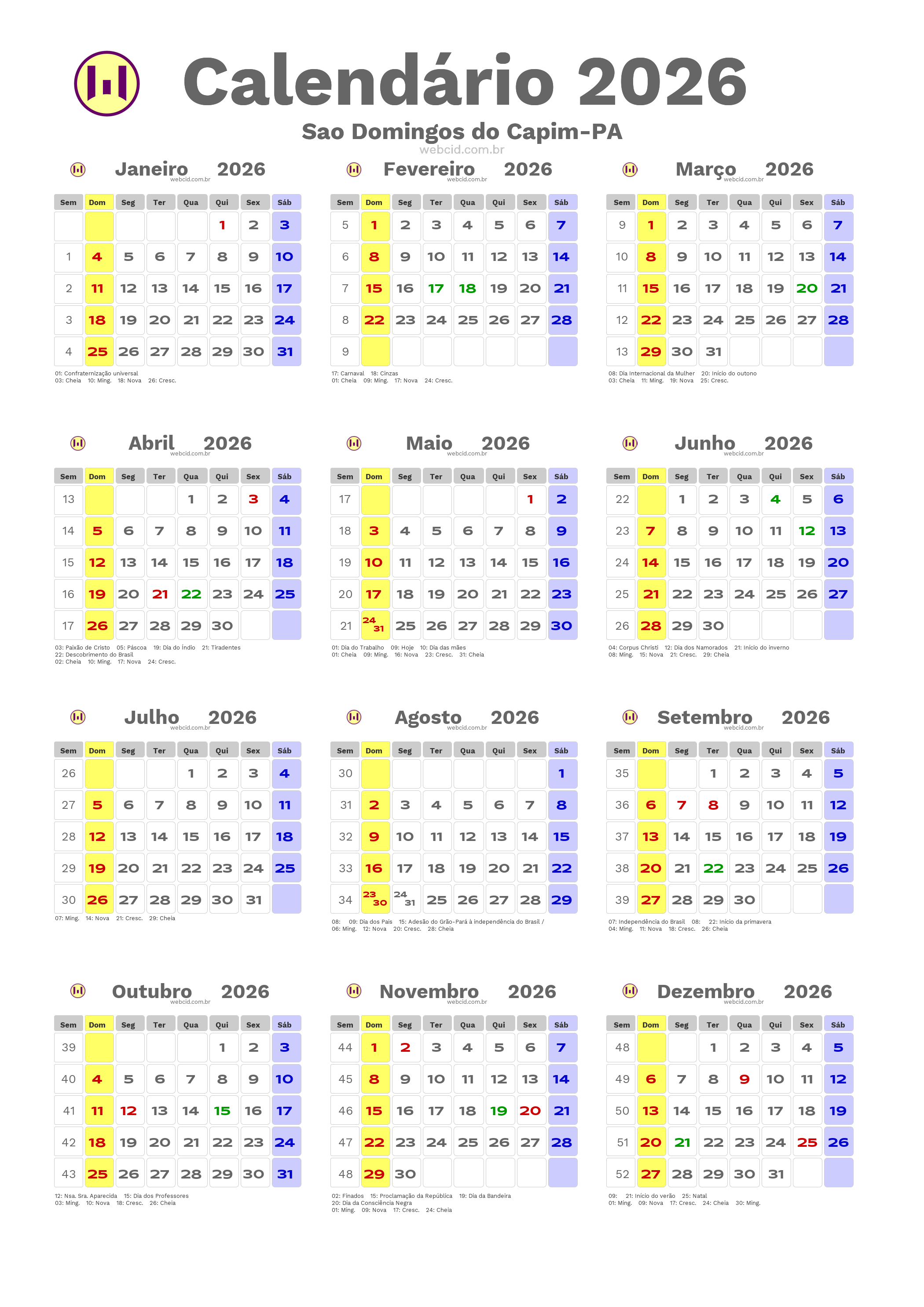 Calendário 2026 - Sao Domingos do Capim-PA com feriados e fases da lua