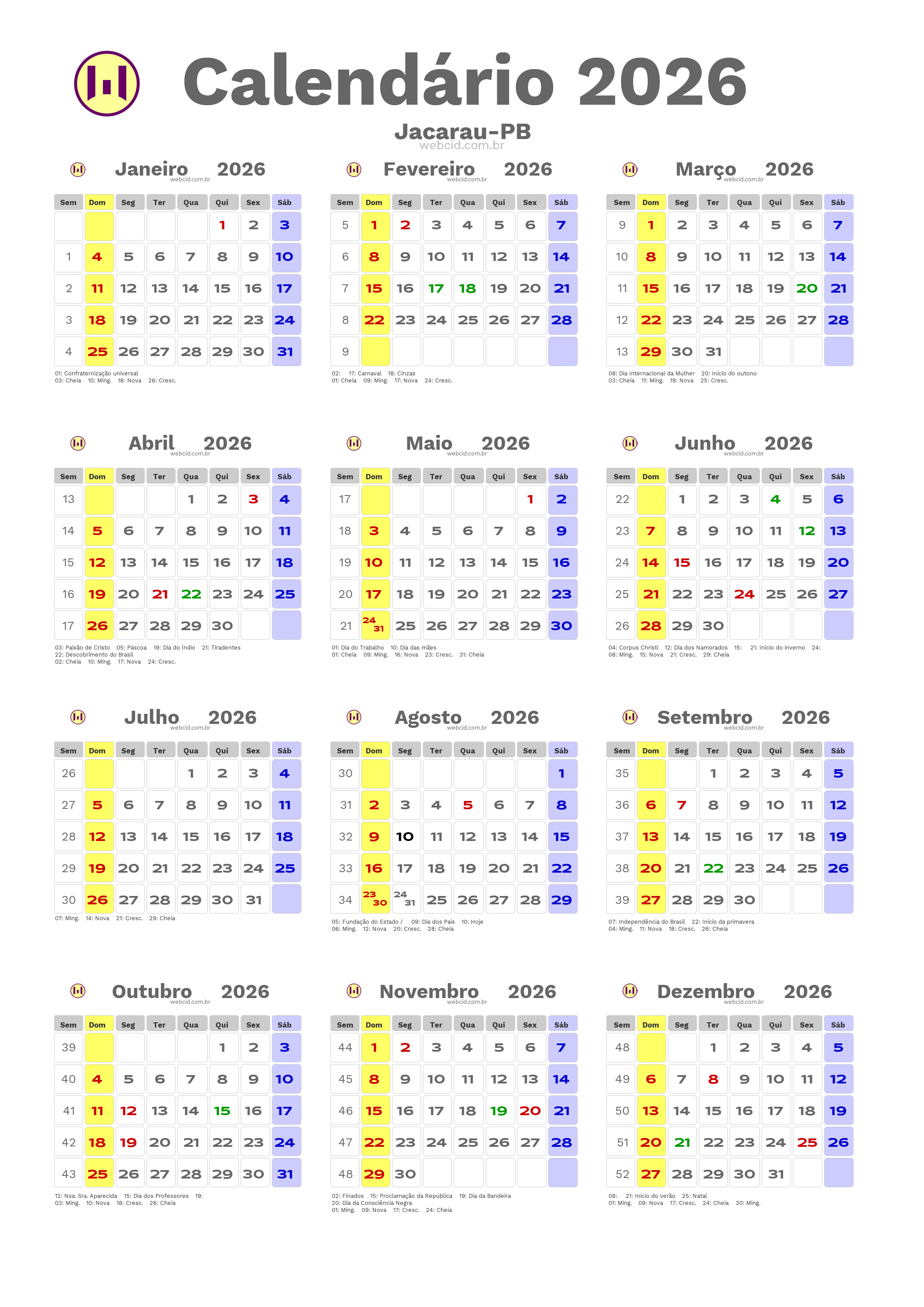 Calendário 2026 - Jacarau-PB com feriados e fases da lua