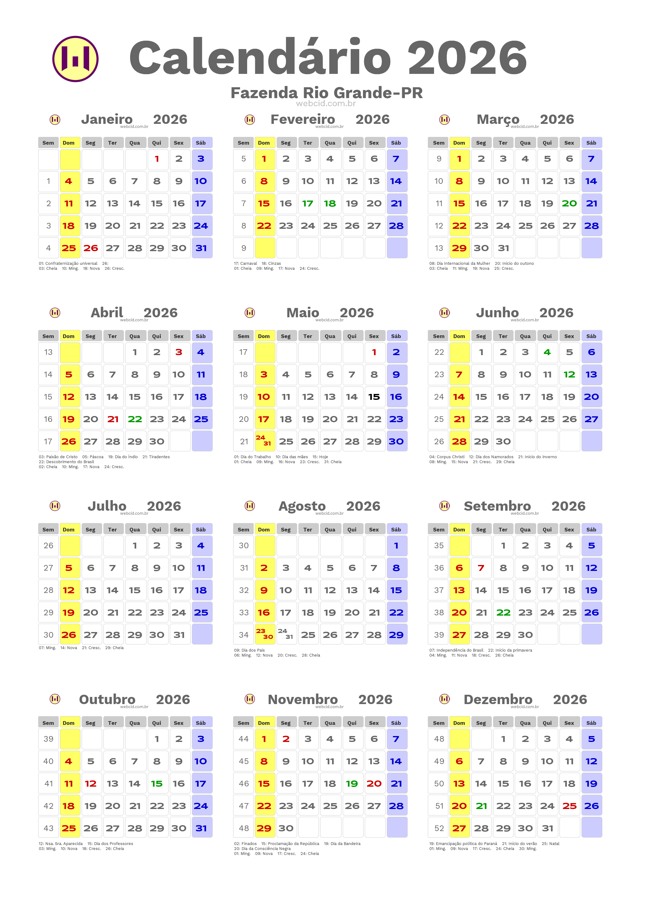 Calendário 2026 - Fazenda Rio Grande-PR com feriados e fases da lua