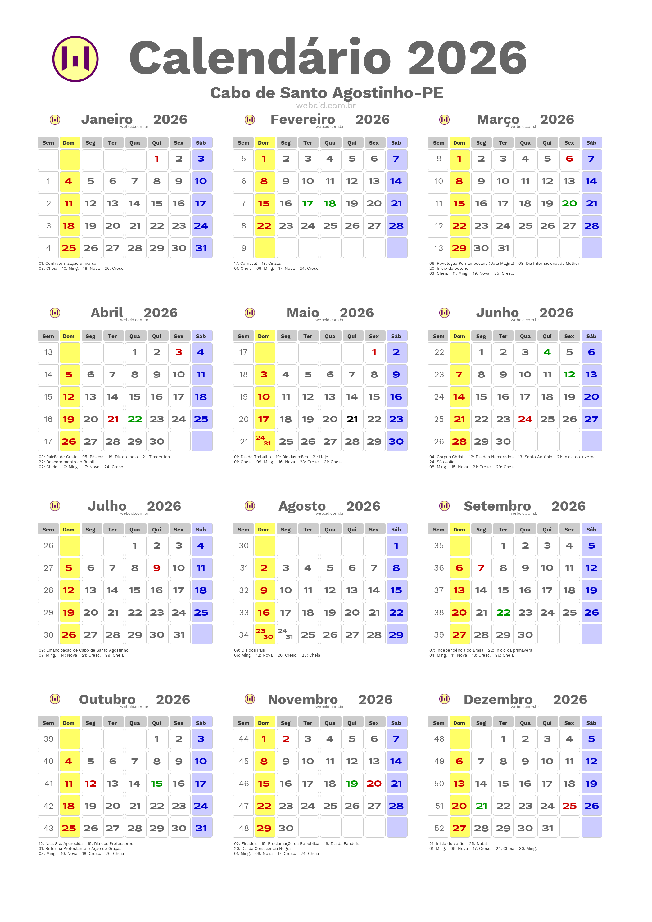 Calendário 2026 - Cabo de Santo Agostinho-PE com feriados e fases da lua