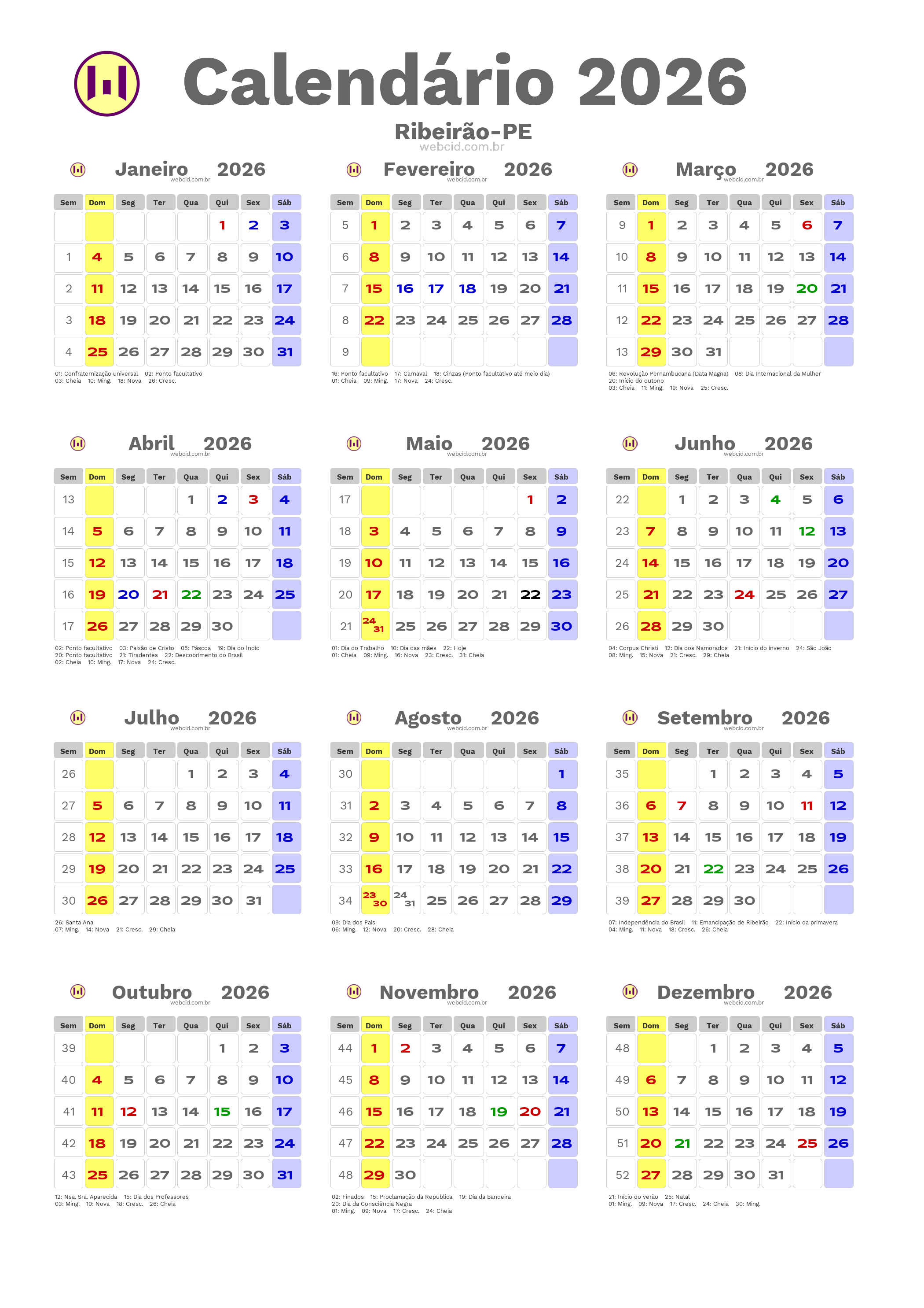 Calendário 2026 - Ribeirão-PE com feriados e fases da lua