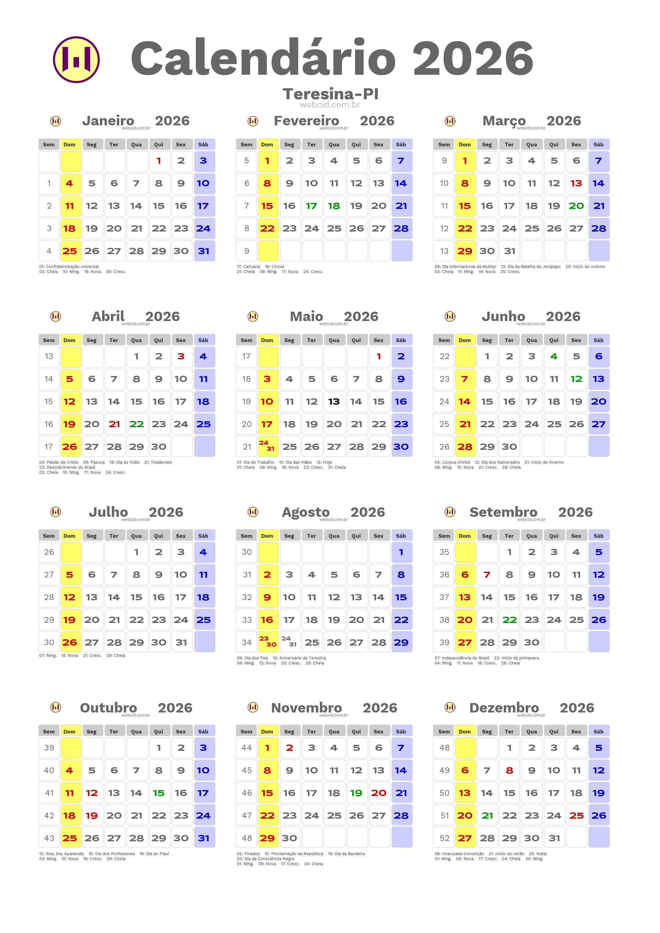 Calendário 2026 - Teresina-PI com feriados e fases da lua