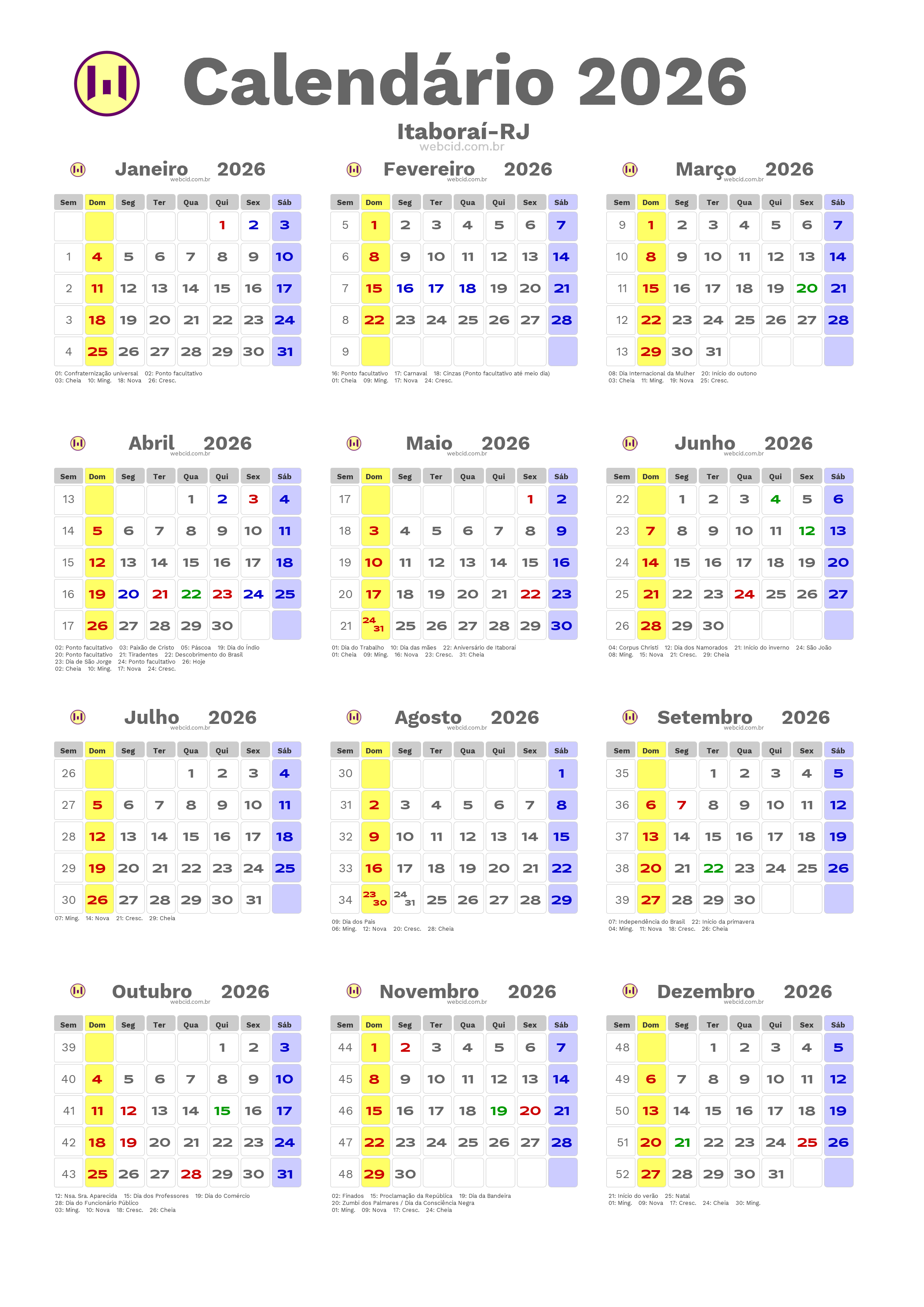 Calendário 2026 - Itaboraí-RJ com feriados e fases da lua