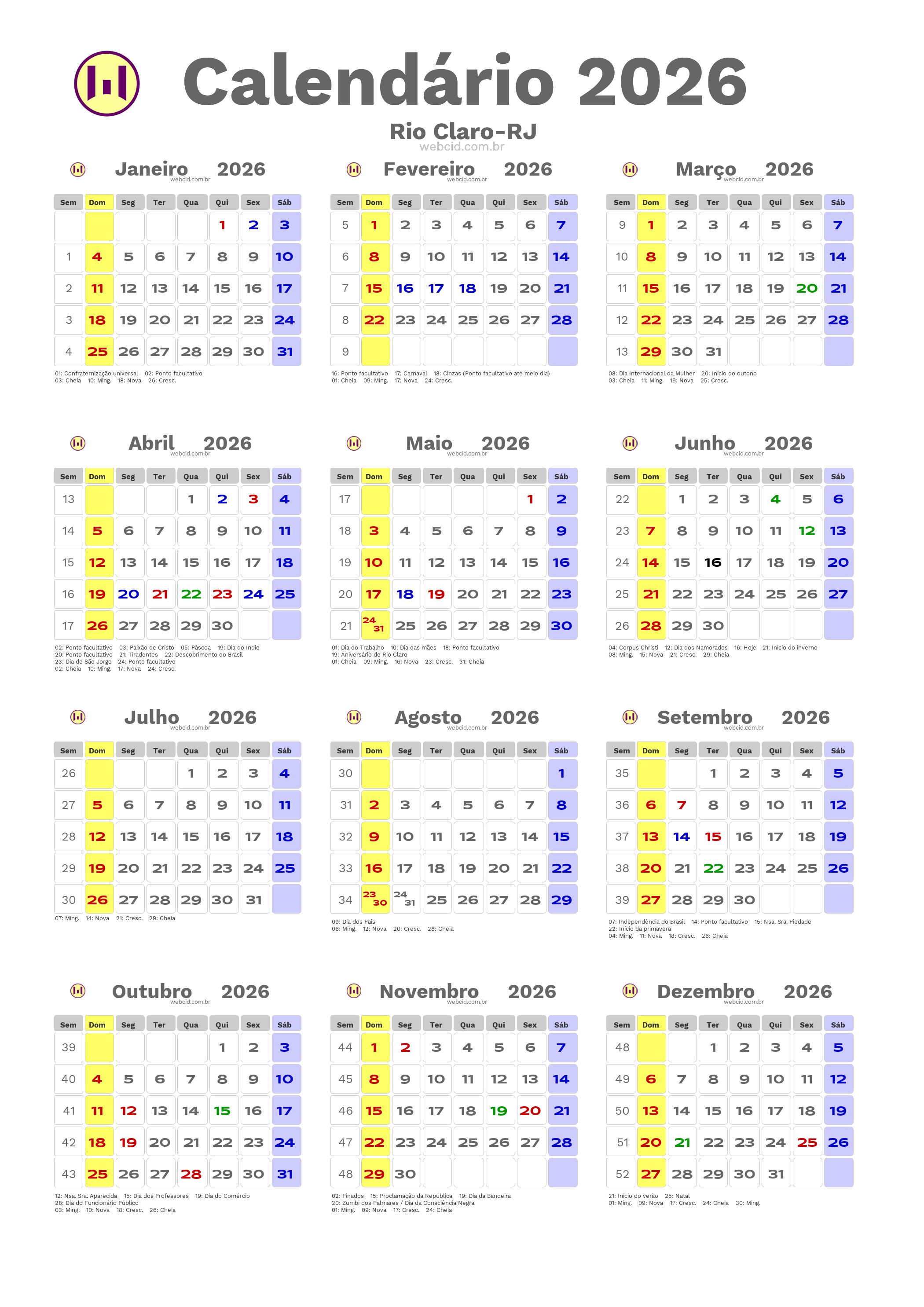 Calendário 2026 - Rio Claro-RJ com feriados e fases da lua