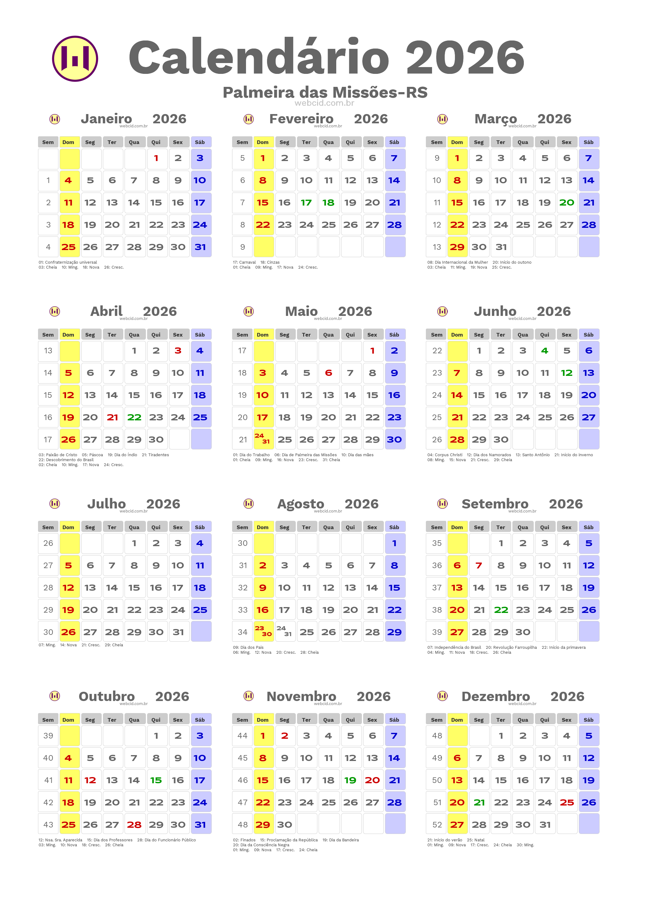Calendário 2026 - Palmeira das Missões-RS com feriados e fases da lua