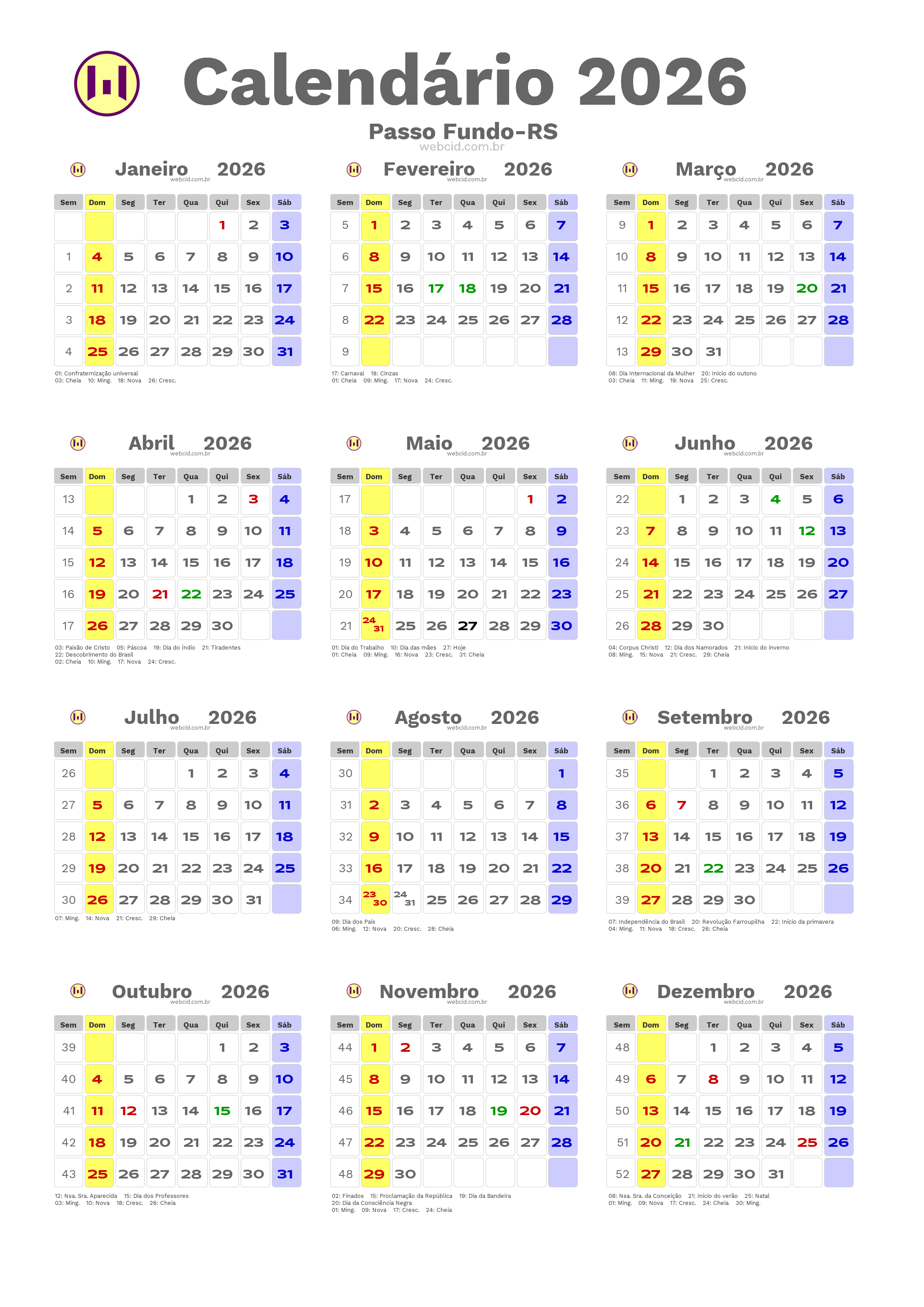 Calendário 2026 - Passo Fundo-RS com feriados e fases da lua