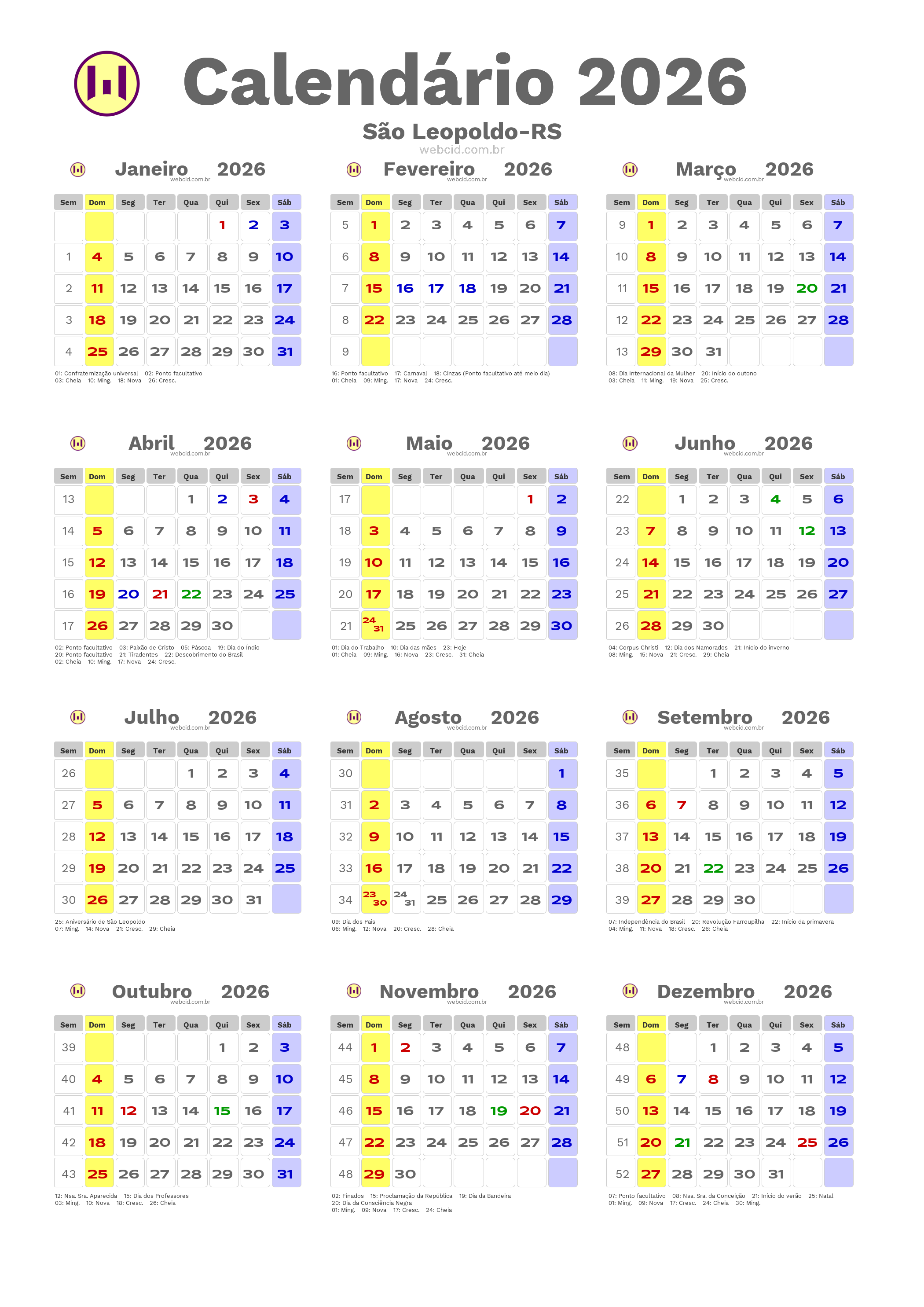 Calendário 2026 - São Leopoldo-RS com feriados e fases da lua