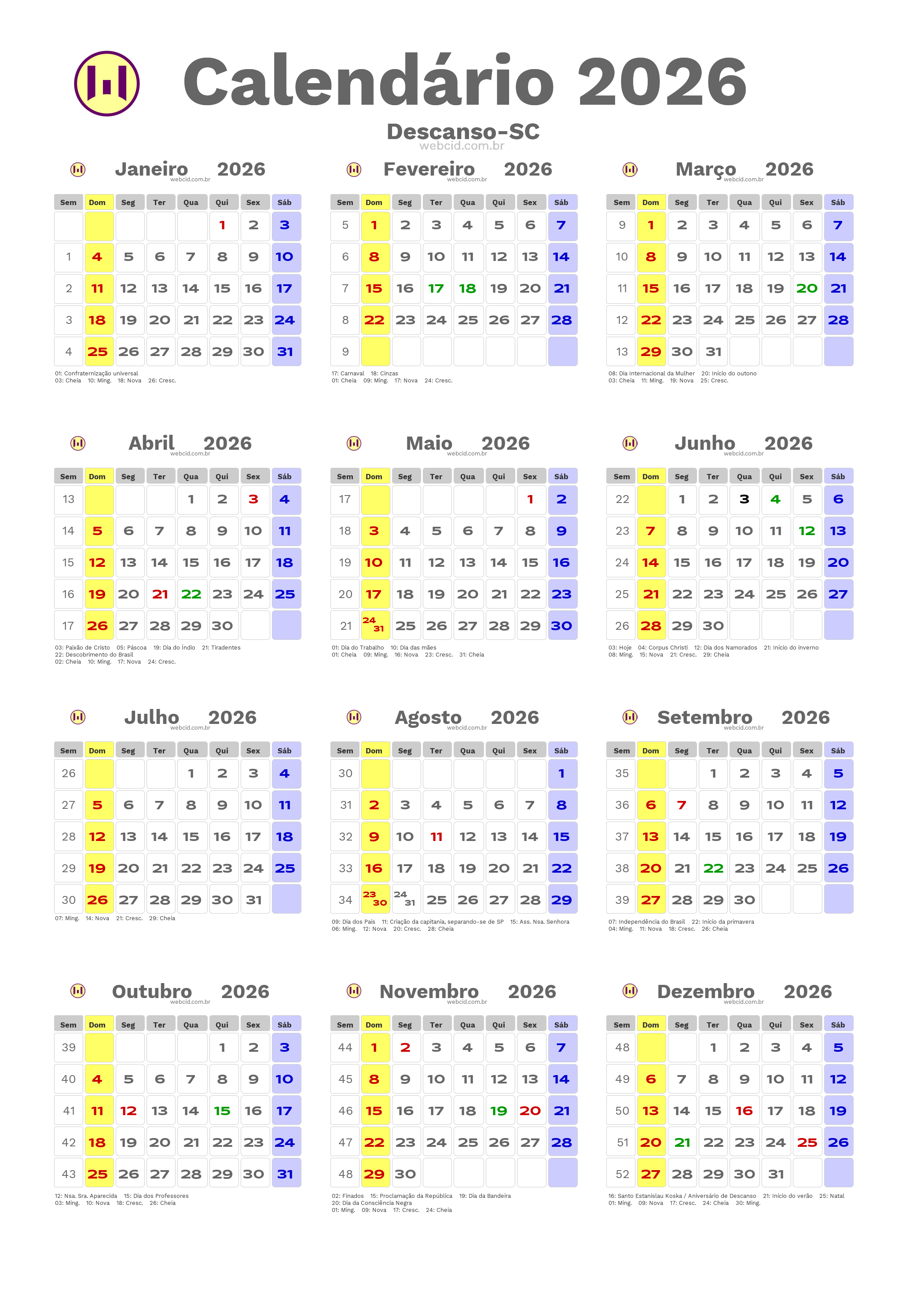 Calendário 2026 - Descanso-SC com feriados e fases da lua