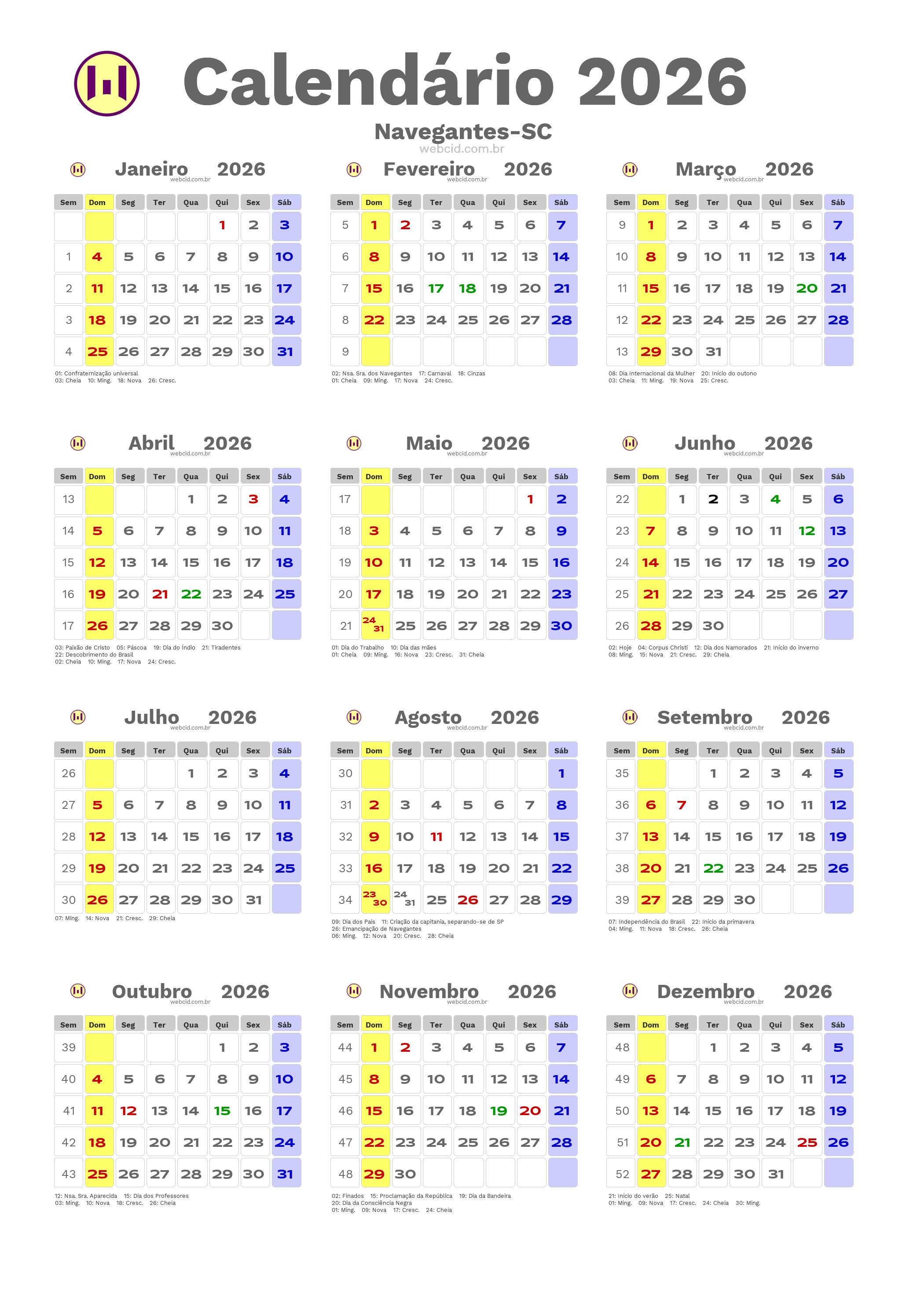 Calendário 2026 - Navegantes-SC com feriados e fases da lua