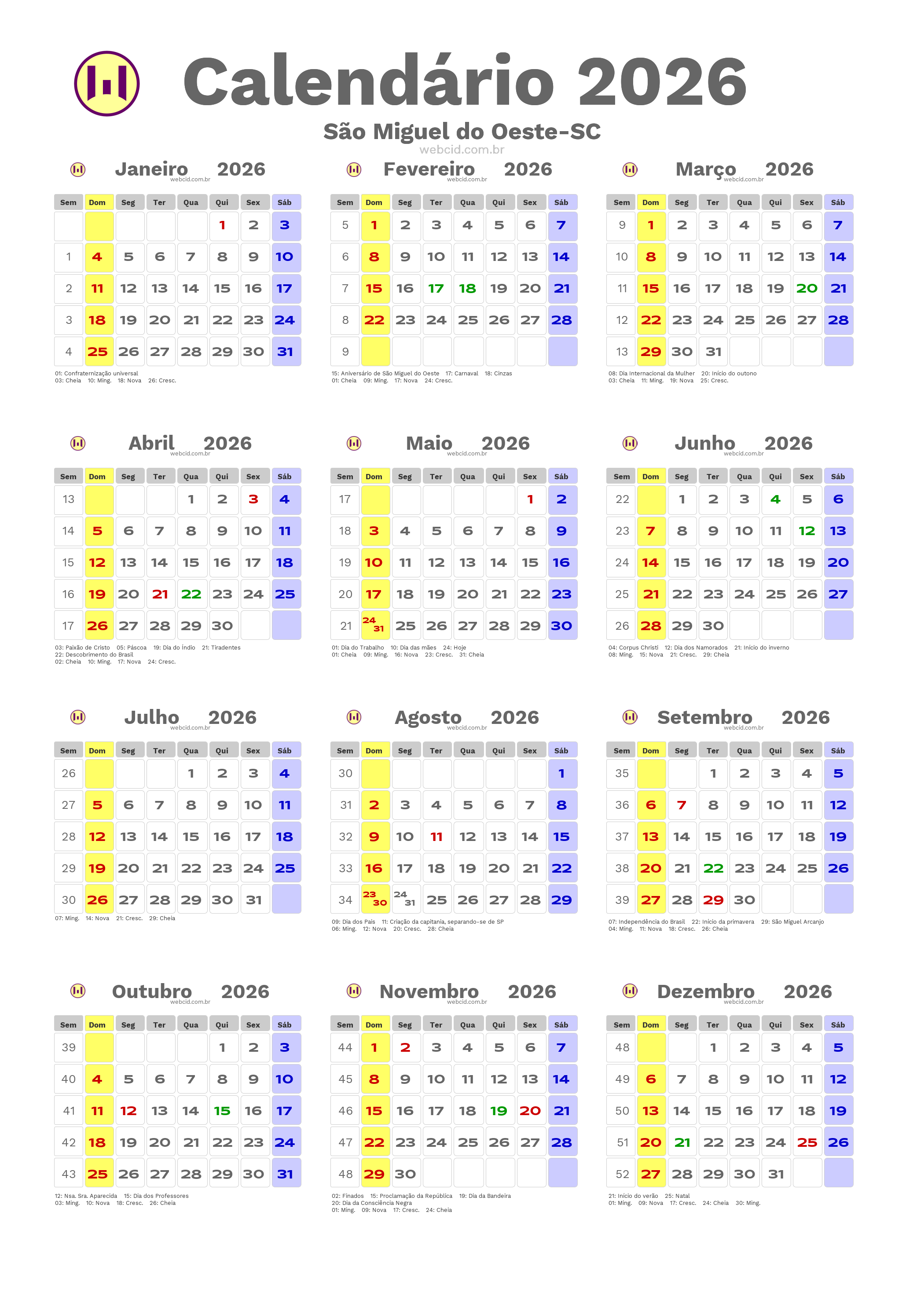 Calendário 2026 - São Miguel do Oeste-SC com feriados e fases da lua