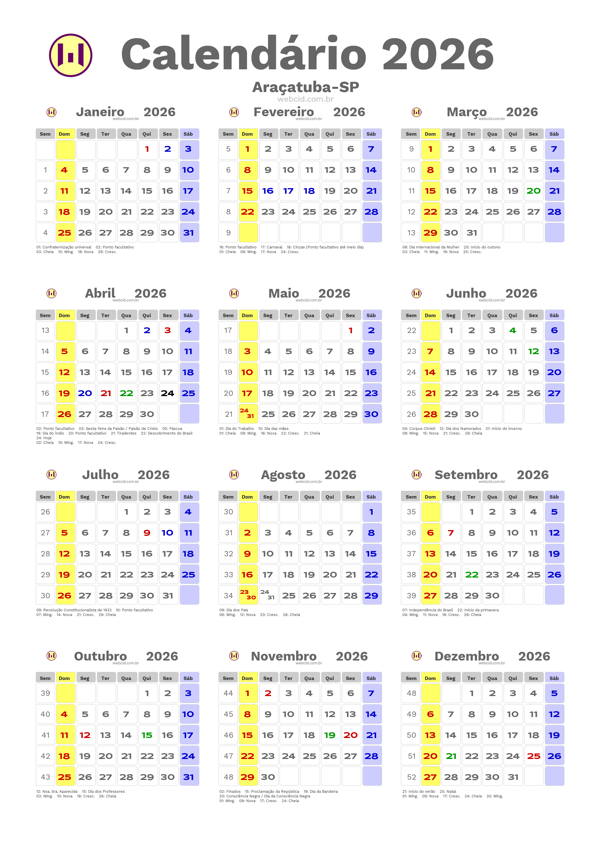 Calendário 2026 - Araçatuba-SP com feriados e fases da lua