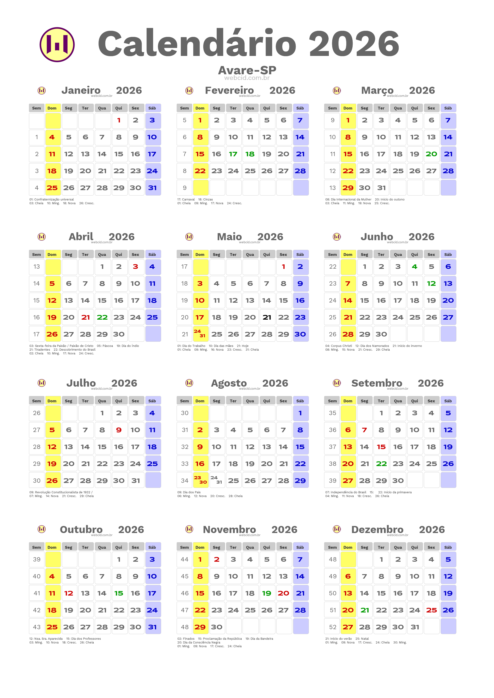 Calendário 2026 - Avare-SP com feriados e fases da lua