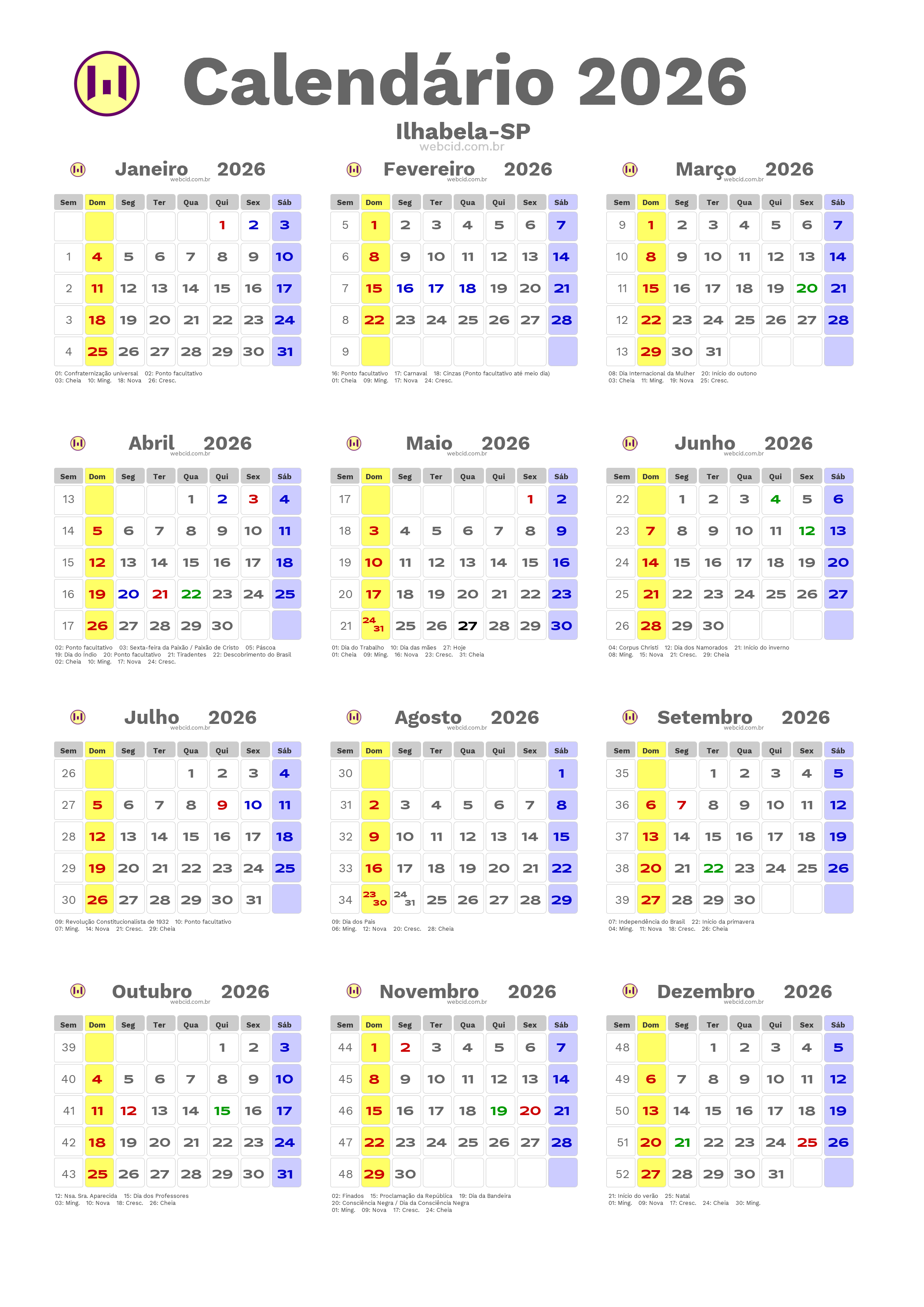 Calendário 2026 - Ilhabela-SP com feriados e fases da lua