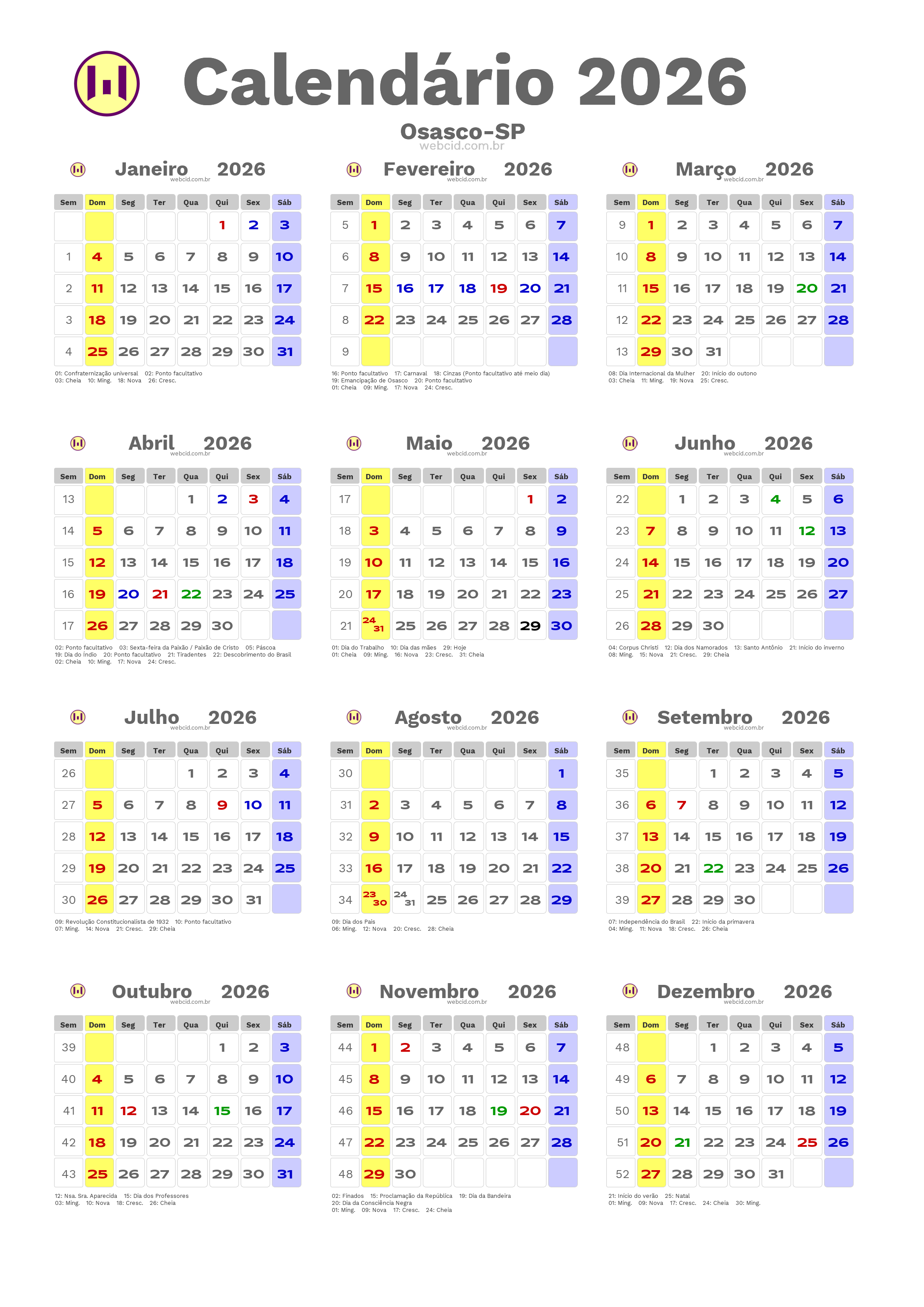 Calendário 2026 - Osasco-SP com feriados e fases da lua