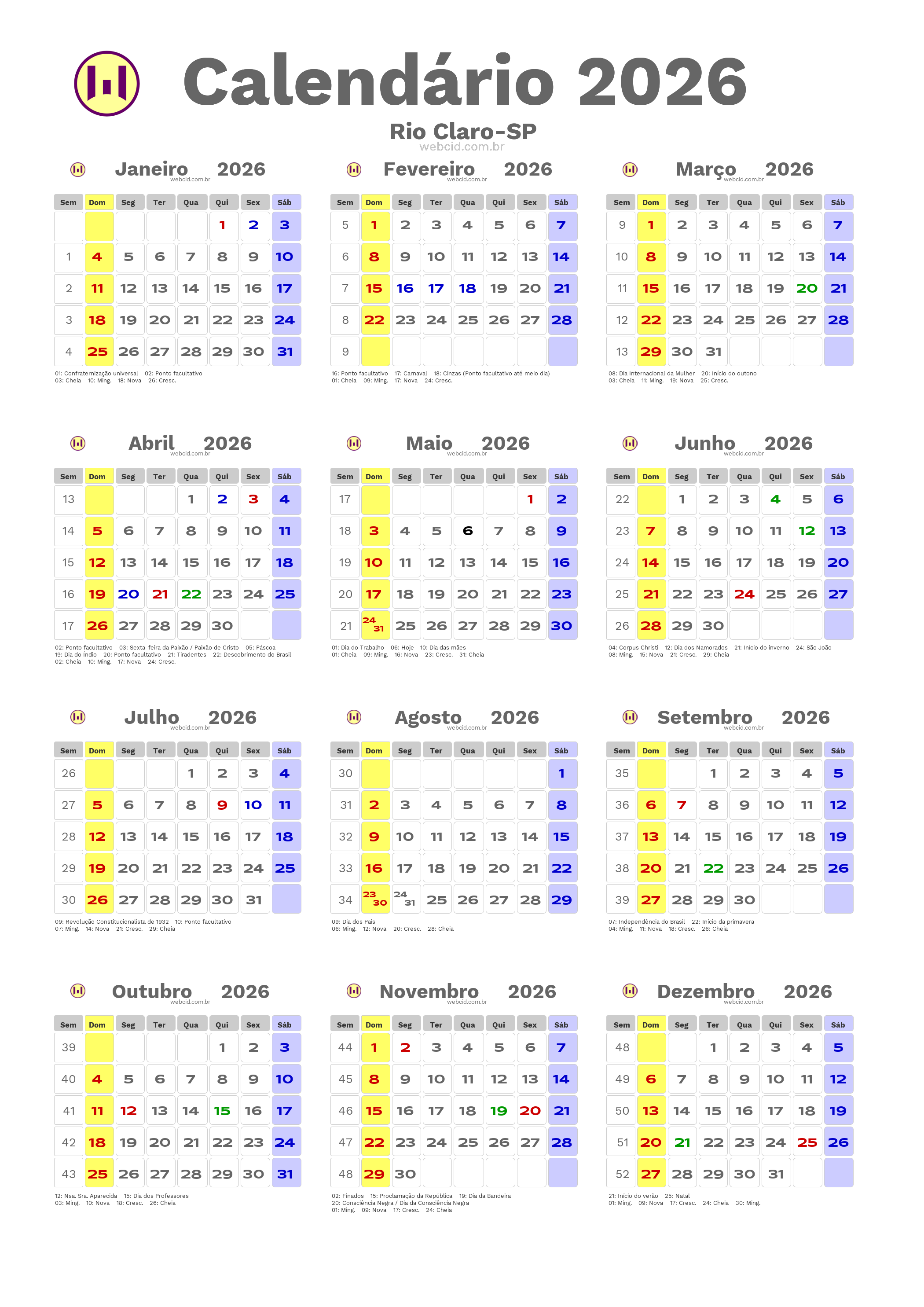 Calendário 2026 - Rio Claro-SP com feriados e fases da lua