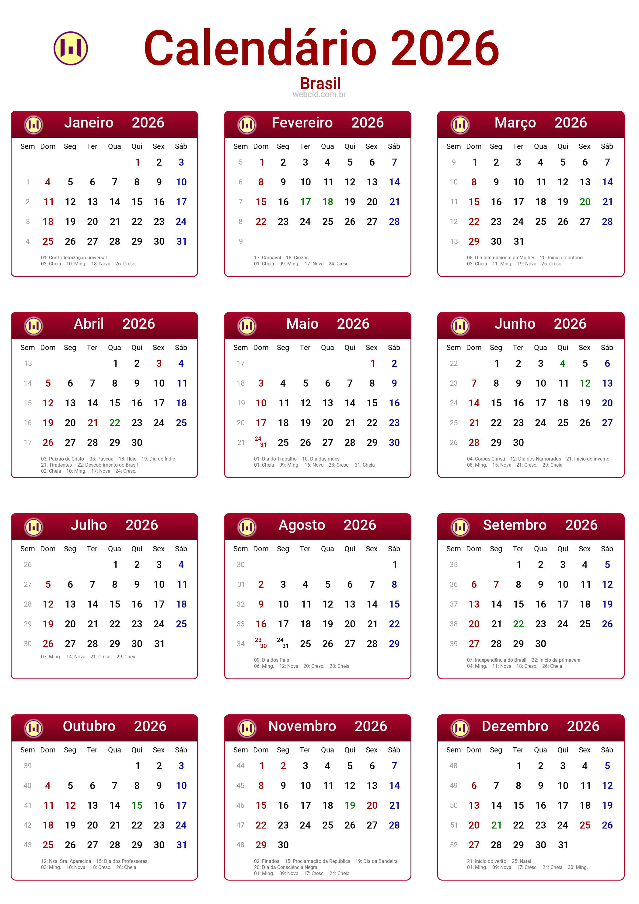 Calendário 2026 - Brasil com feriados e fases da lua