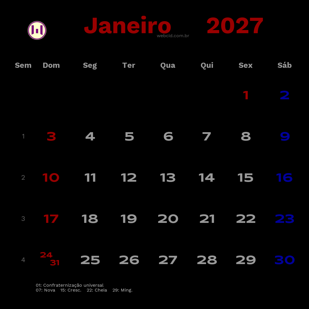Calendário 2027 - Janeiro - Brasil com feriados e fases da lua