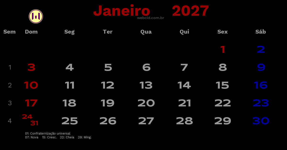 Calendário 2027 - Janeiro - Brasil com feriados e fases da lua