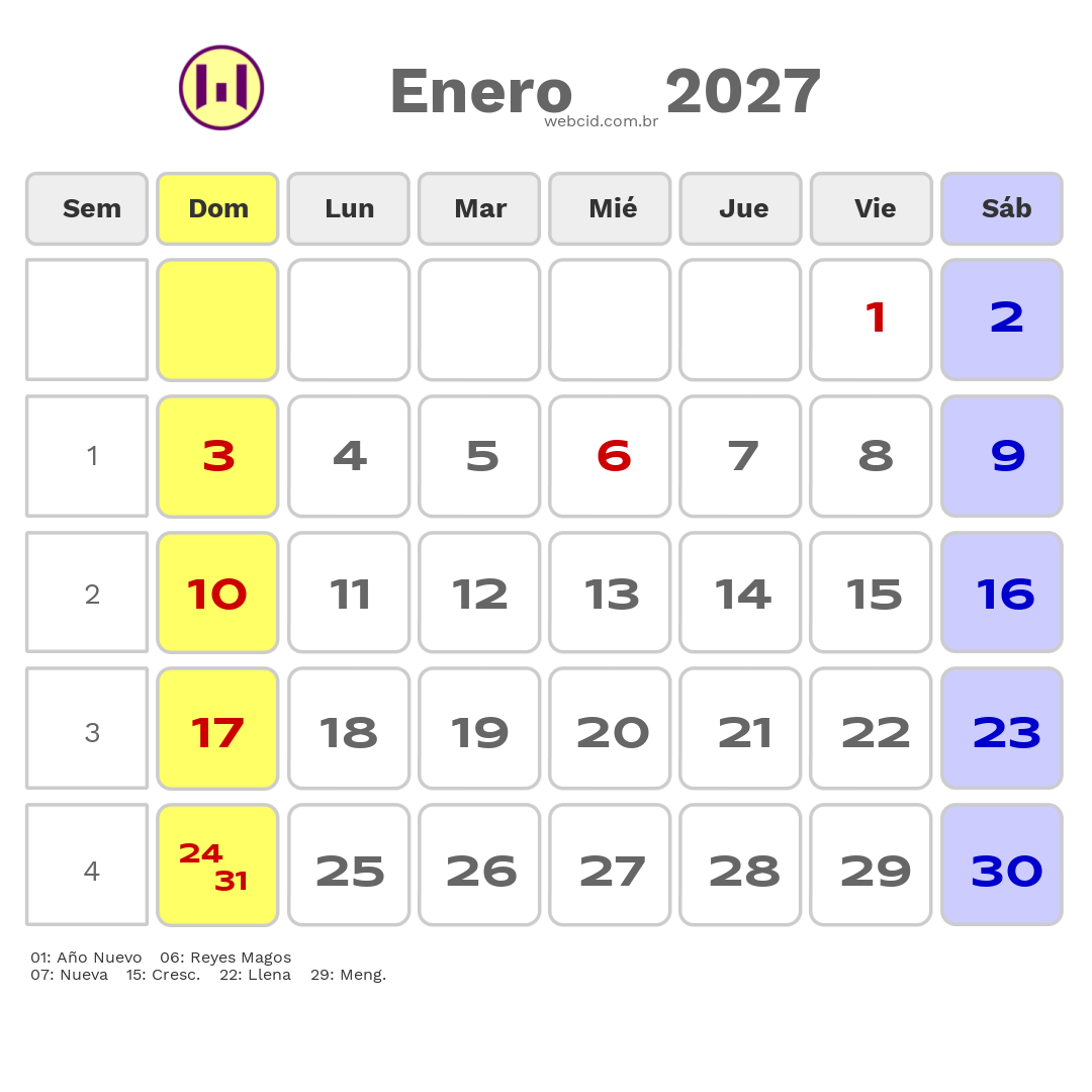 Calendario 2027 - Enero - Argentina com feriados e fases da lua