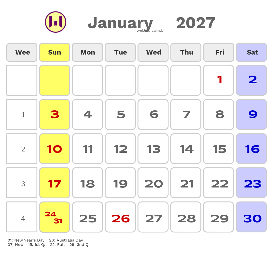 Calendar 2027 - January - Austrália com feriados e fases da lua
