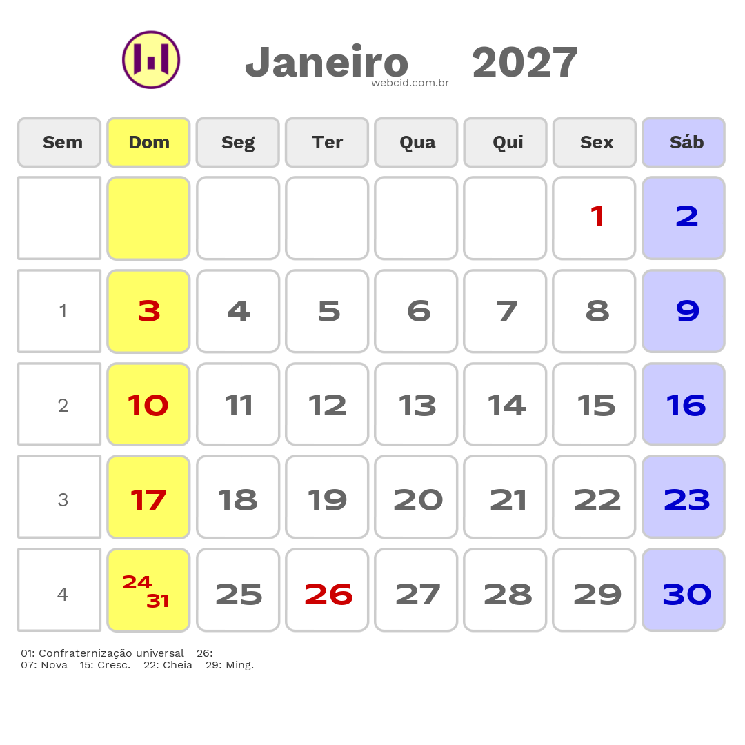 Calendário 2027 - Janeiro - Itacare-BA com feriados e fases da lua