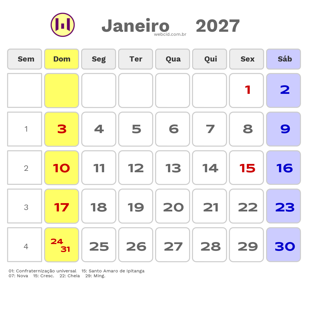 Calendário 2027 - Janeiro - Lauro de Freitas-BA com feriados e fases da lua