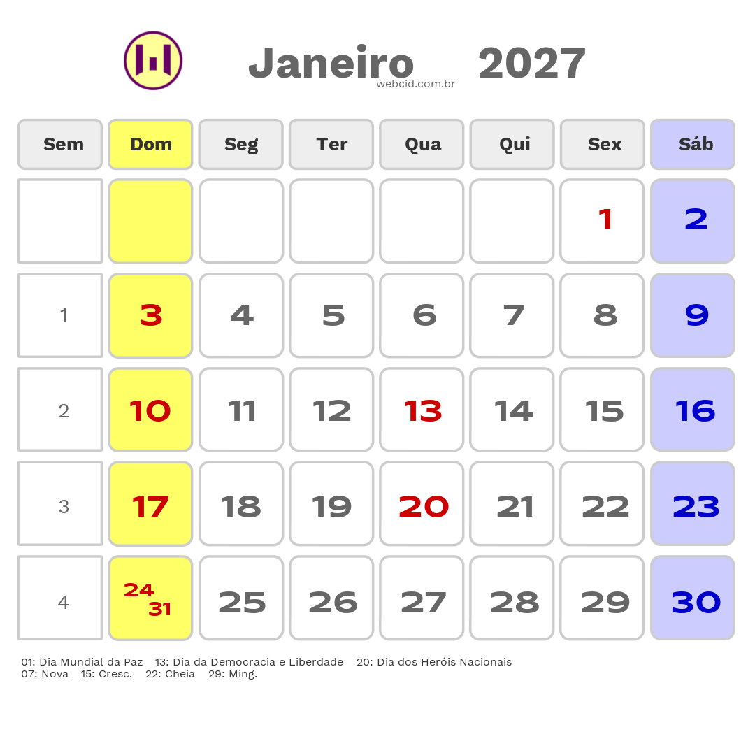 Calendário 2027 - Janeiro - Cabo Verde com feriados e fases da lua