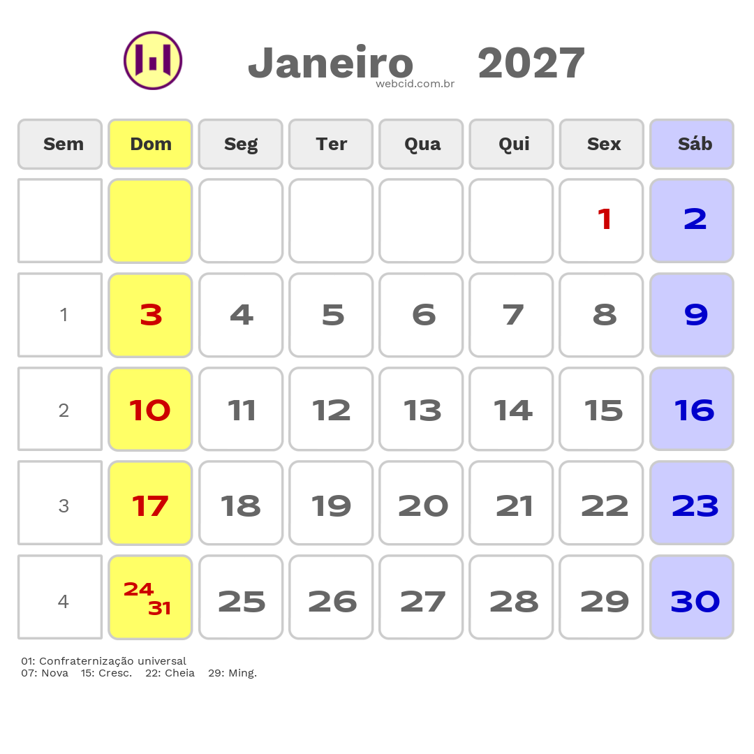 Calendário 2027 - Janeiro - Brasília-DF com feriados e fases da lua