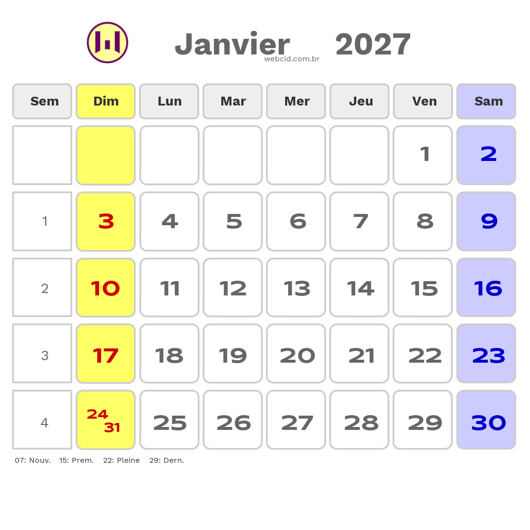 Calendrier 2027 - Janvier - La France com feriados e fases da lua