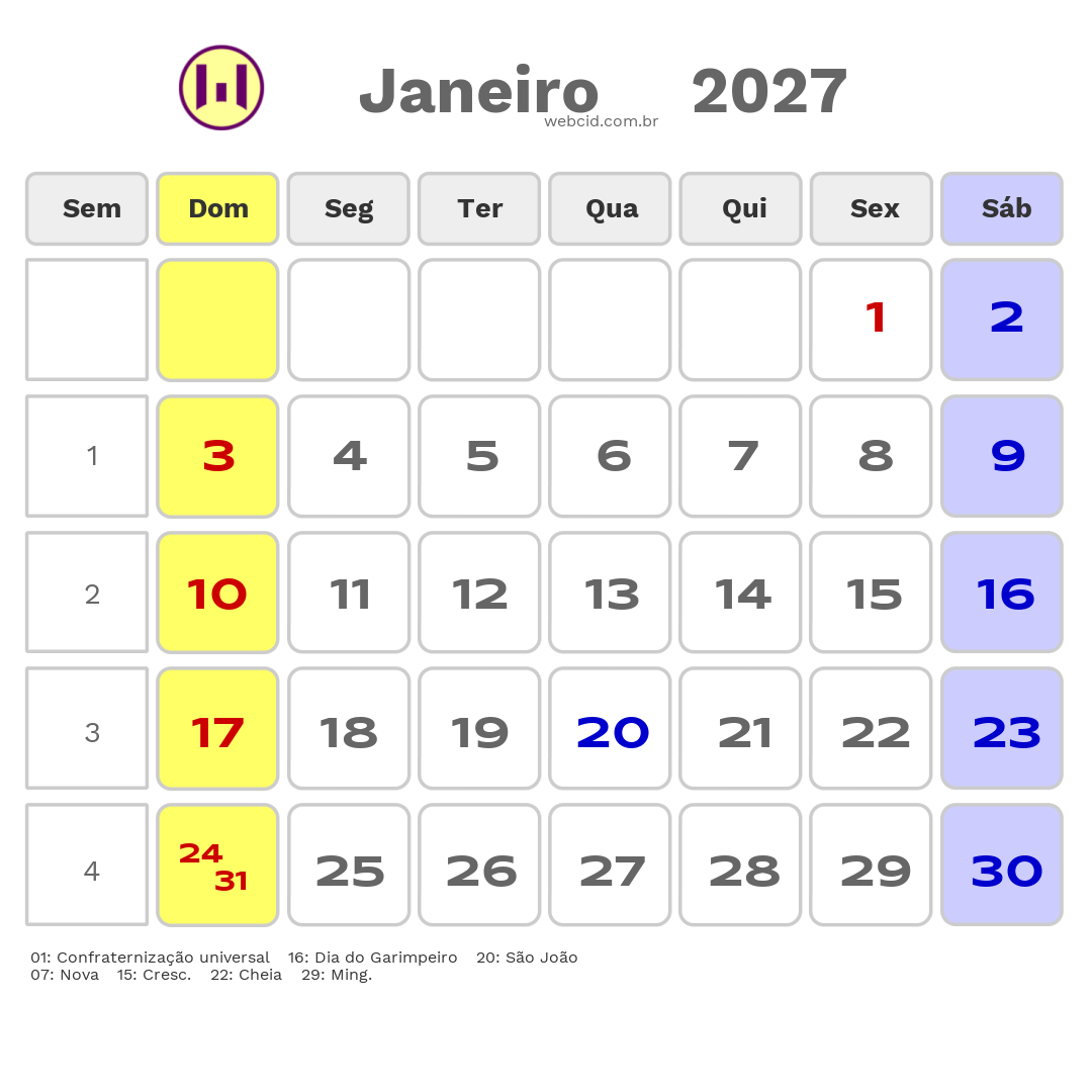 Calendário 2027 - Janeiro - Cristalina-GO com feriados e fases da lua