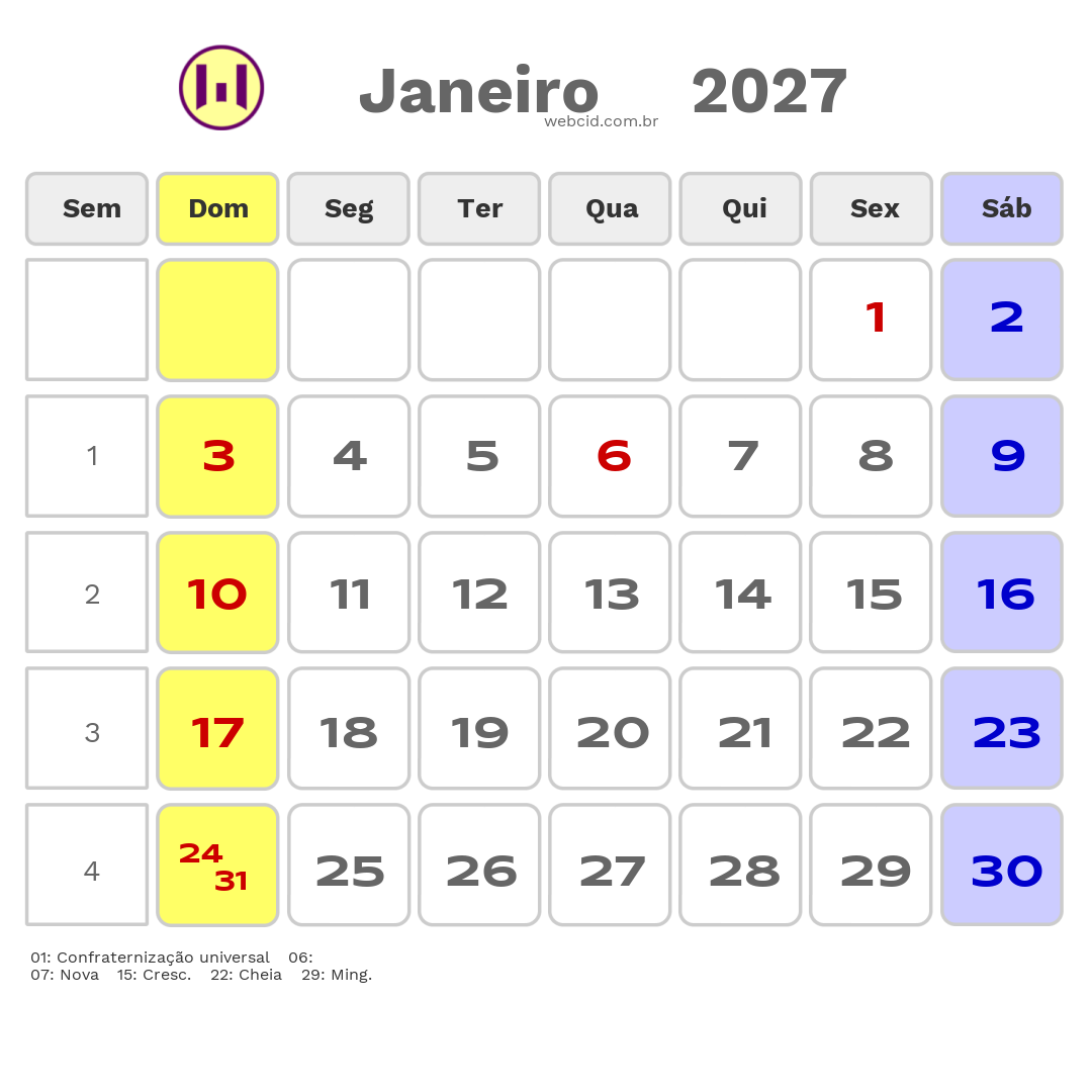 Calendário 2027 - Janeiro - Itapuranga-GO com feriados e fases da lua