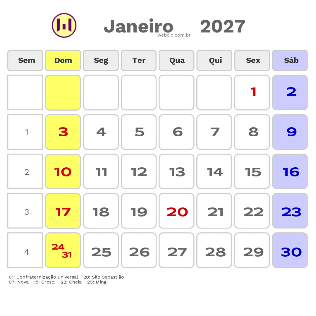 Calendário 2027 - Janeiro - Alto Garças-MT com feriados e fases da lua